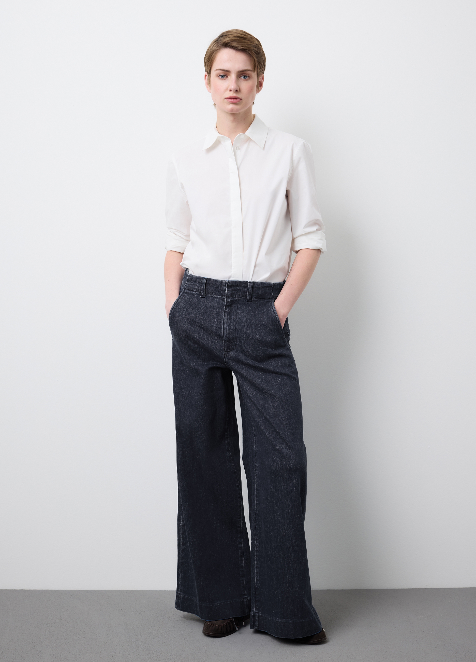 Stefanel - Jeans in cotone elasticizzato blu a gamba larga, Donna, Blu scuro, Taglia 42