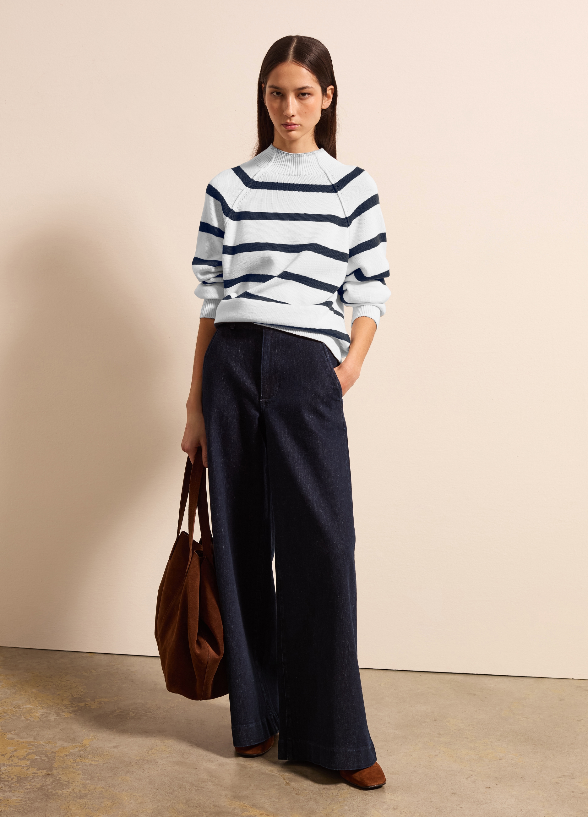 Stefanel - Pullover a righe mock neck, Donna, Bianco/Blu, Taglia XS