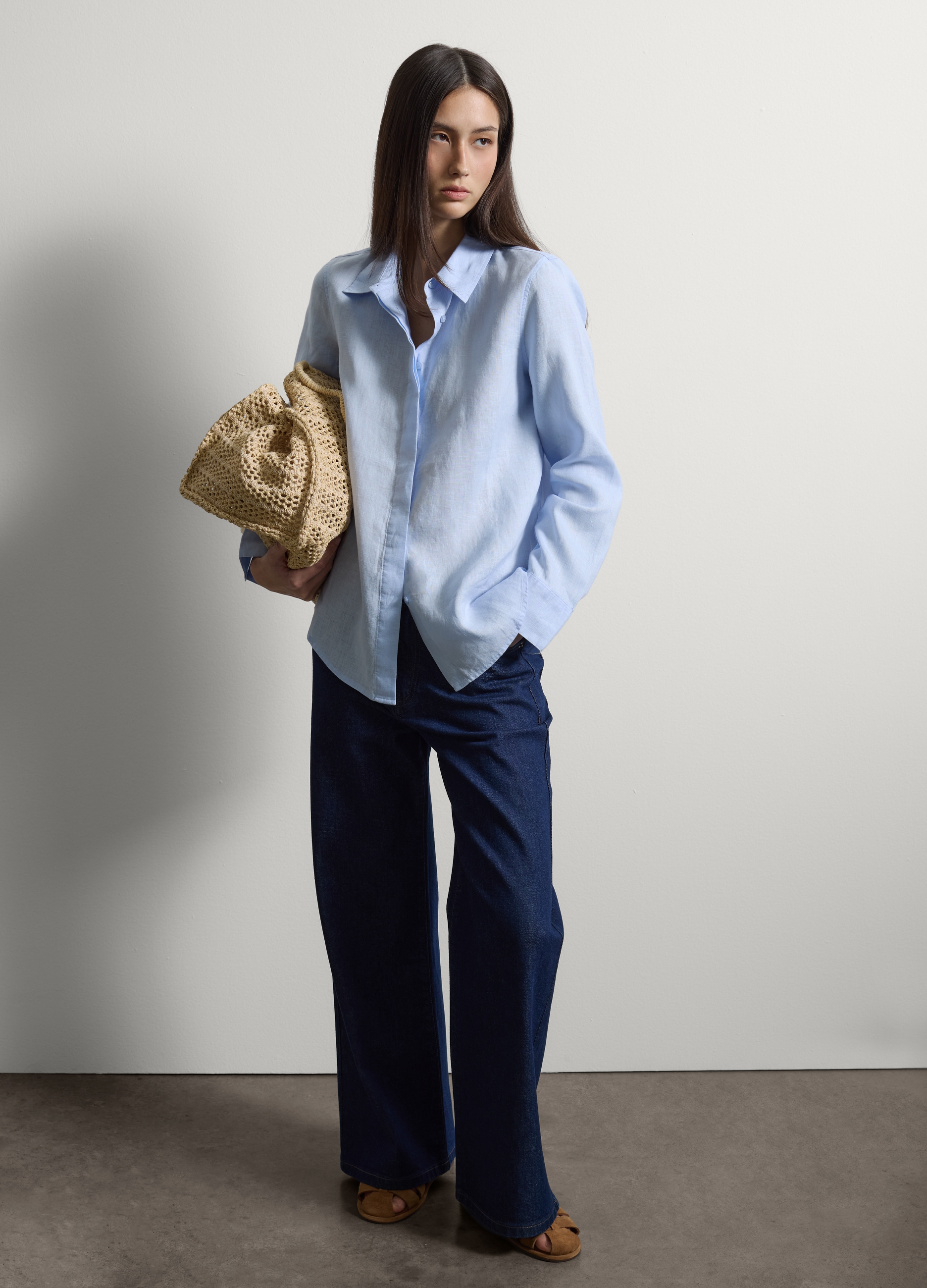 Stefanel - Jeans in cotone denim elasticizzato blu wide leg, Donna, Blu denim, Taglia 40