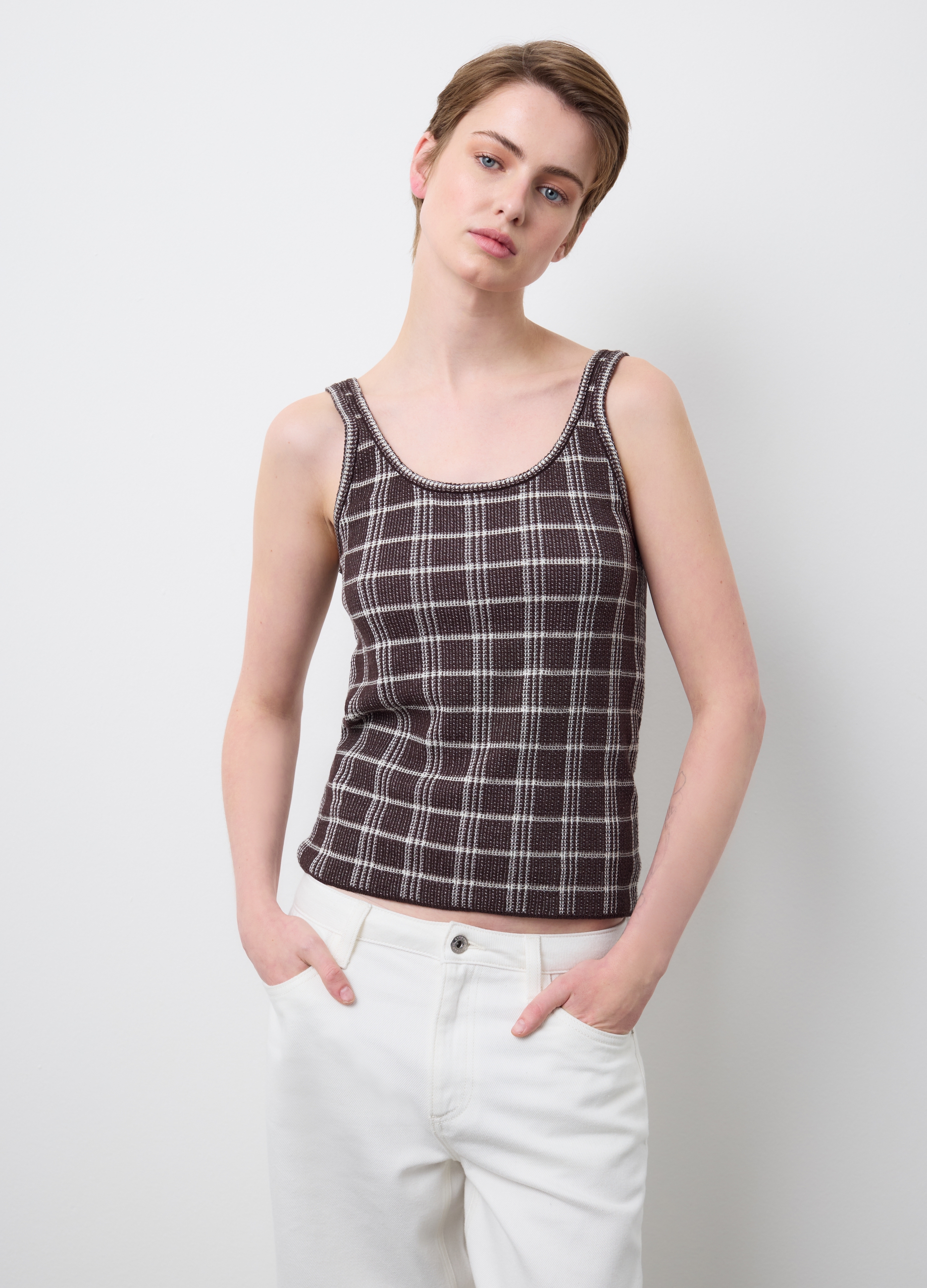 Stefanel - Canotta in puro cotone a quadri multicolor regular fit, Donna, Bianco/Marrone, Taglia XS