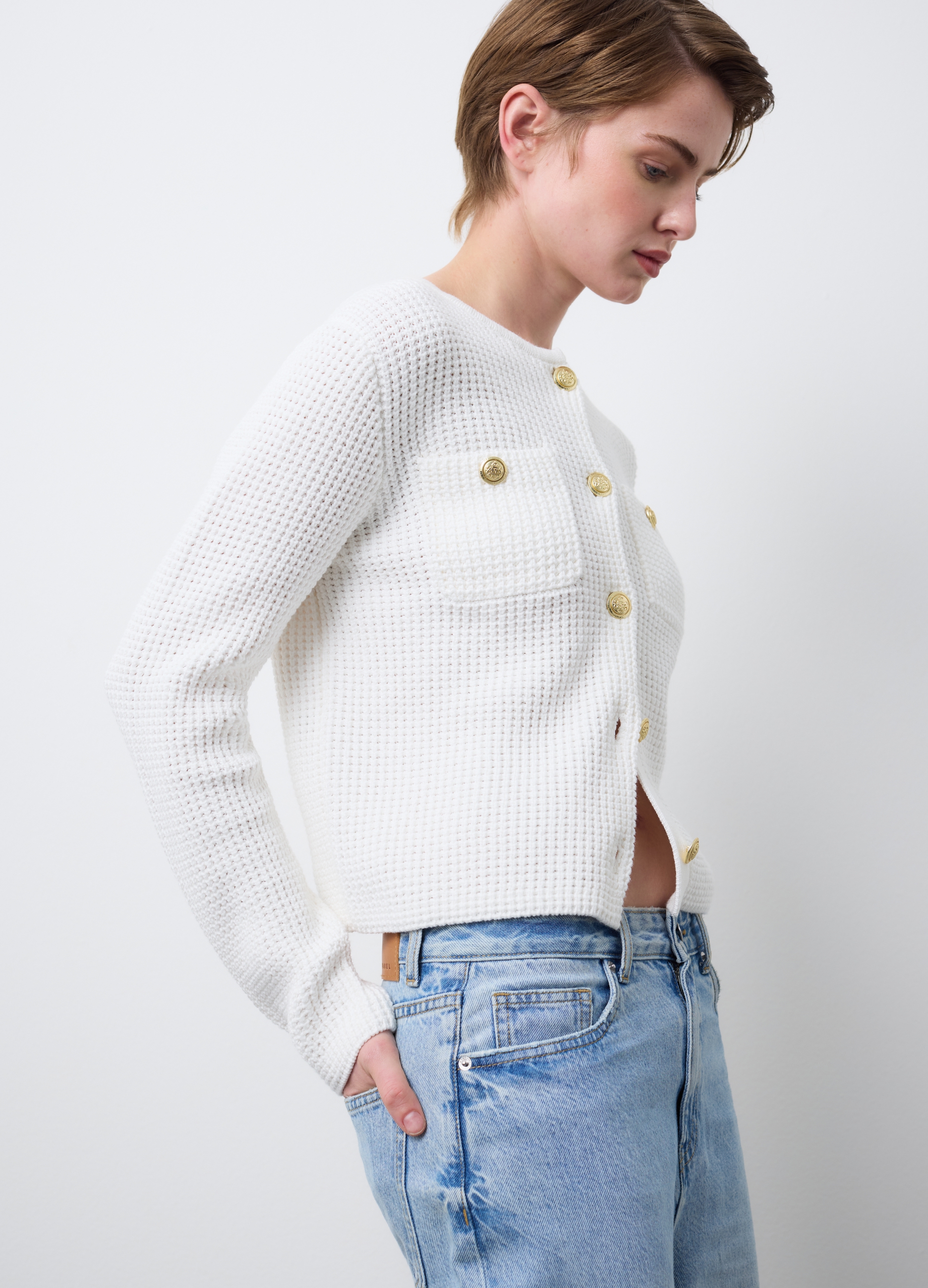 Stefanel - Cardigan in puro cotone bianco regular fit con bottoni, Donna, Naturale, Taglia XS