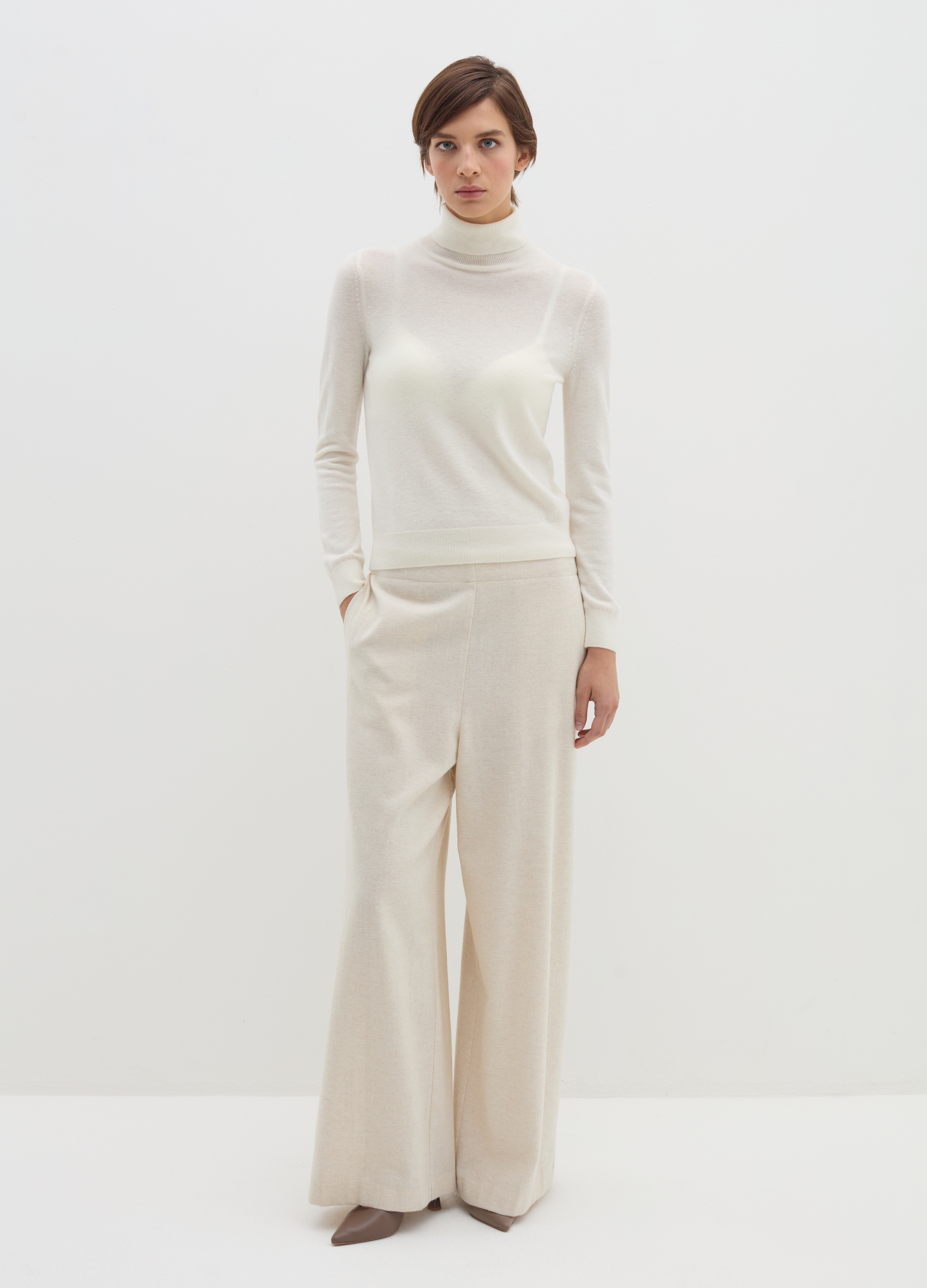 Stefanel - Pullover in lana cardata a collo alto, Donna, Bianco lana, Taglia XL