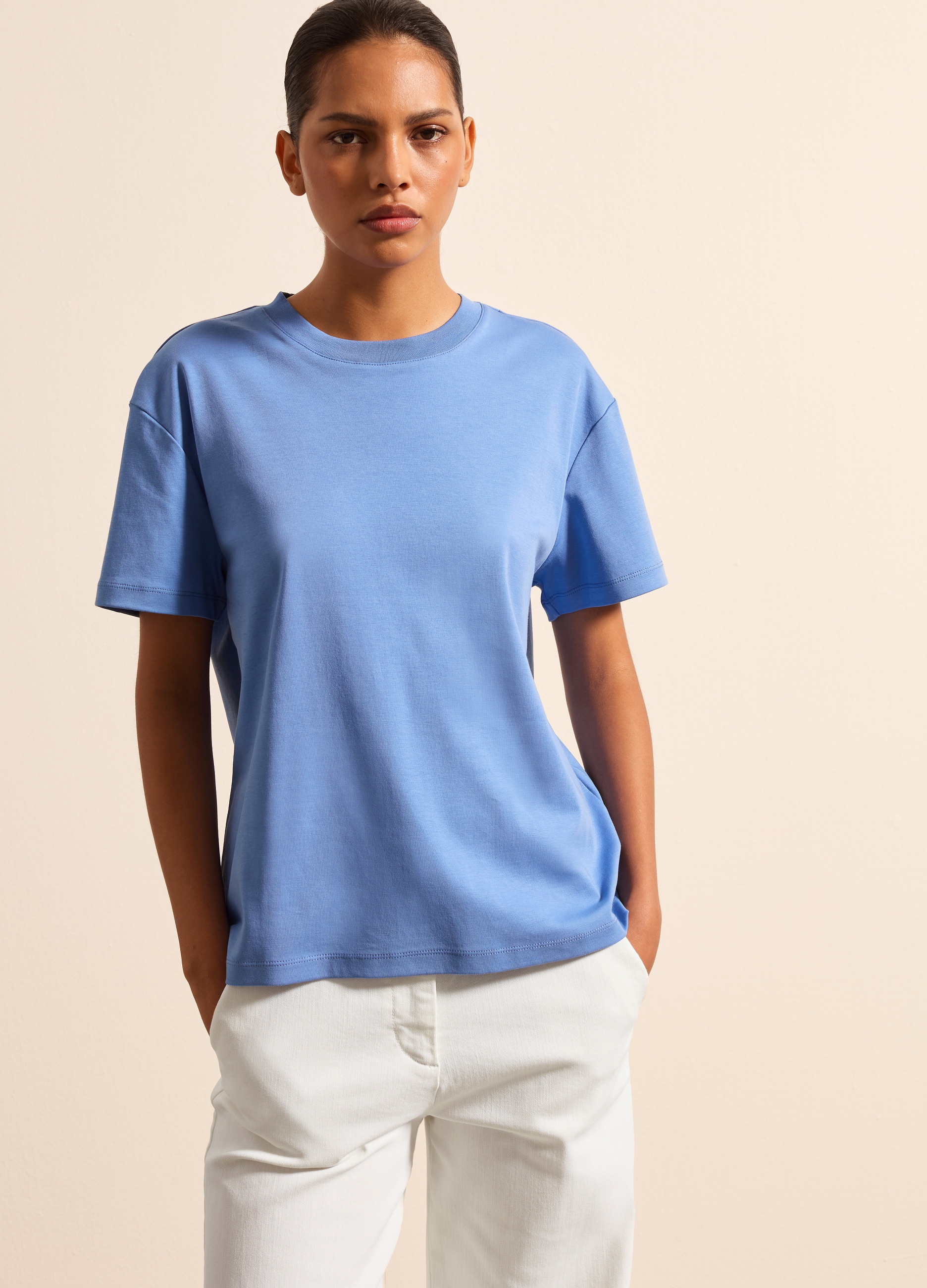 Stefanel - T-shirt in cotone tinta unita, Donna, Blu chiaro, Taglia XS