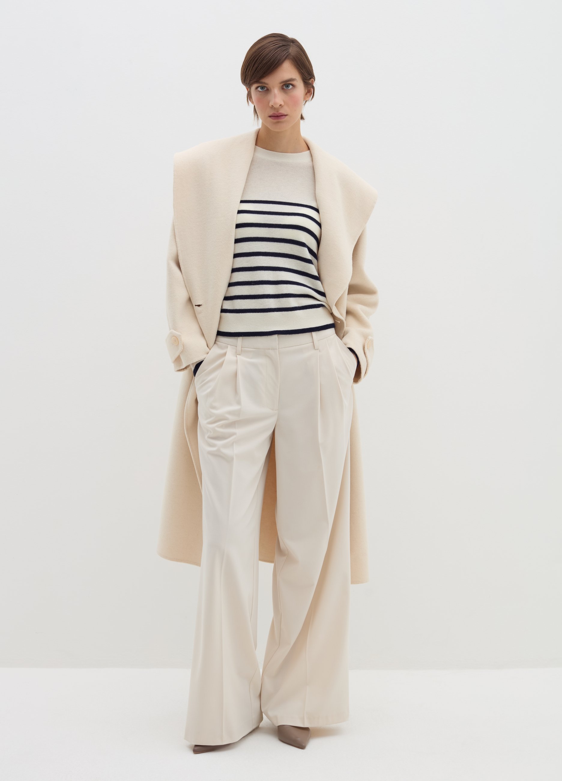 Stefanel - Pullover a righe in lana cardata, Donna, Bianco/Blu, Taglia L