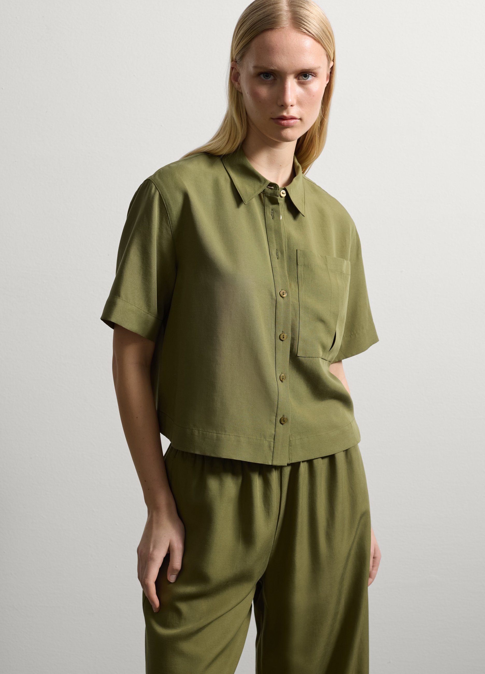 Stefanel - Shacket cropped con tasca, Donna, Verde militare, Taglia M