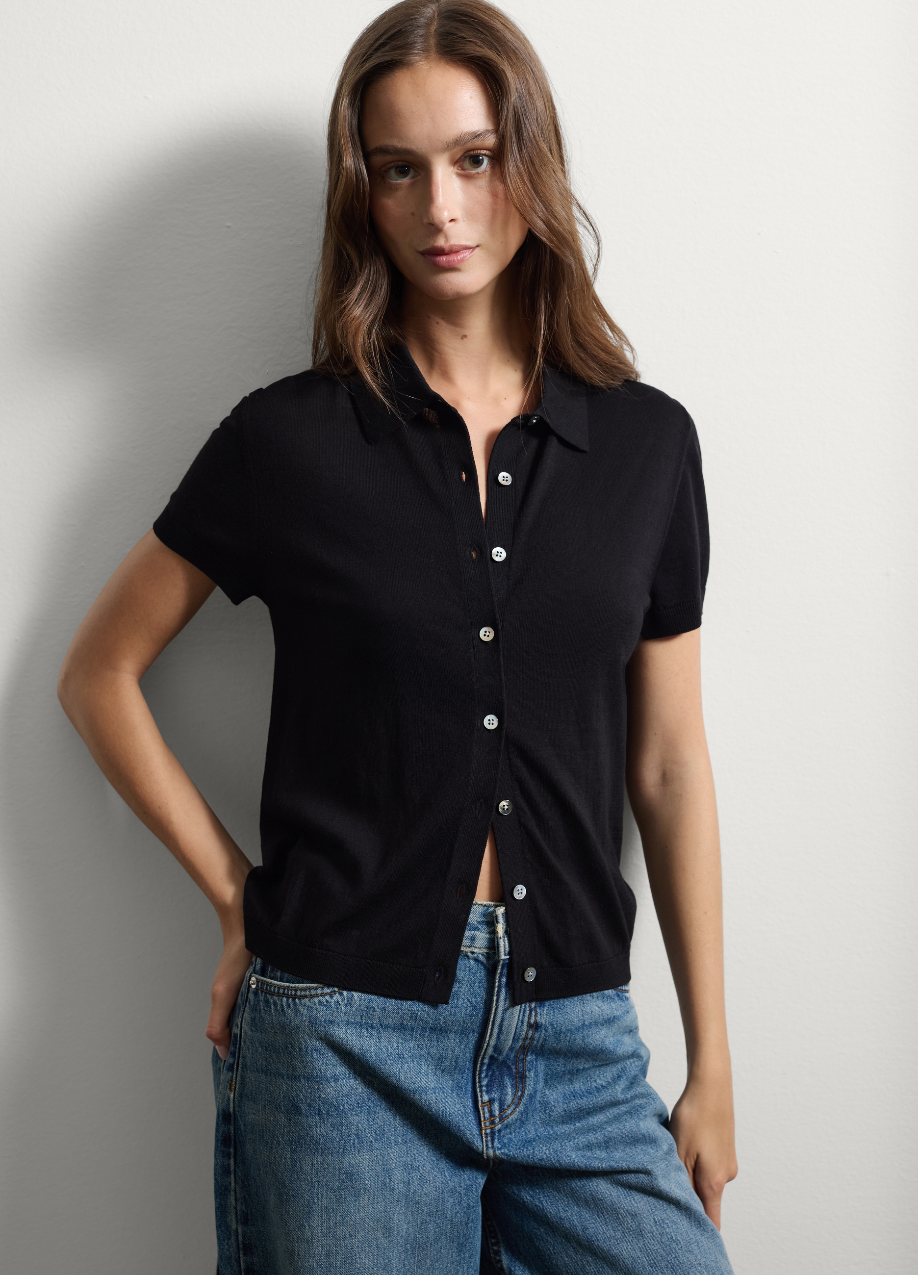 Stefanel - Maglia in lyocell e cotone nero regular fit, Donna, Nero canna di fucile, Taglia XS