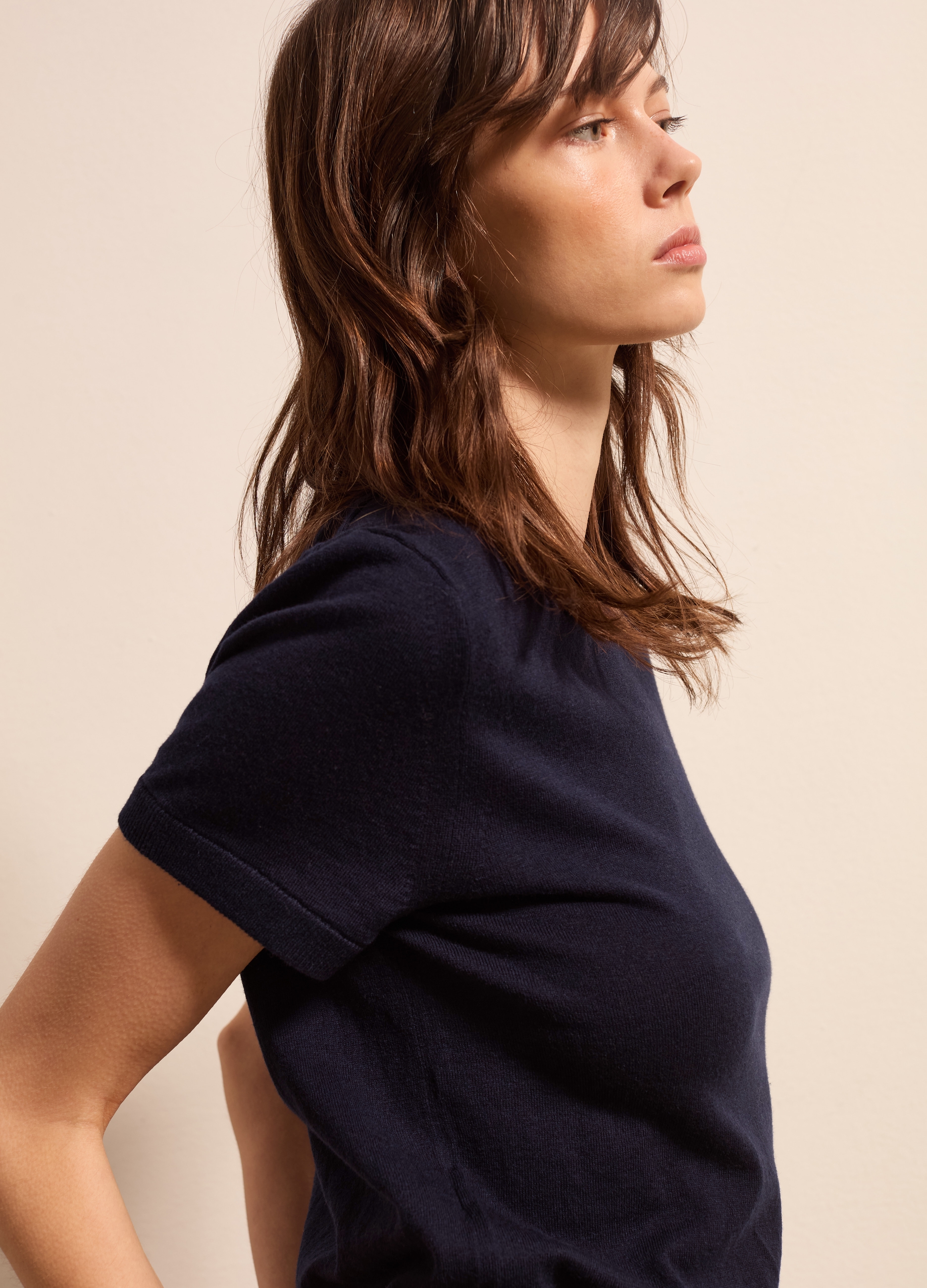 Stefanel - Maglia a maniche corte in lana, cotone e cashmere, Donna, Blu Notte, Taglia XS