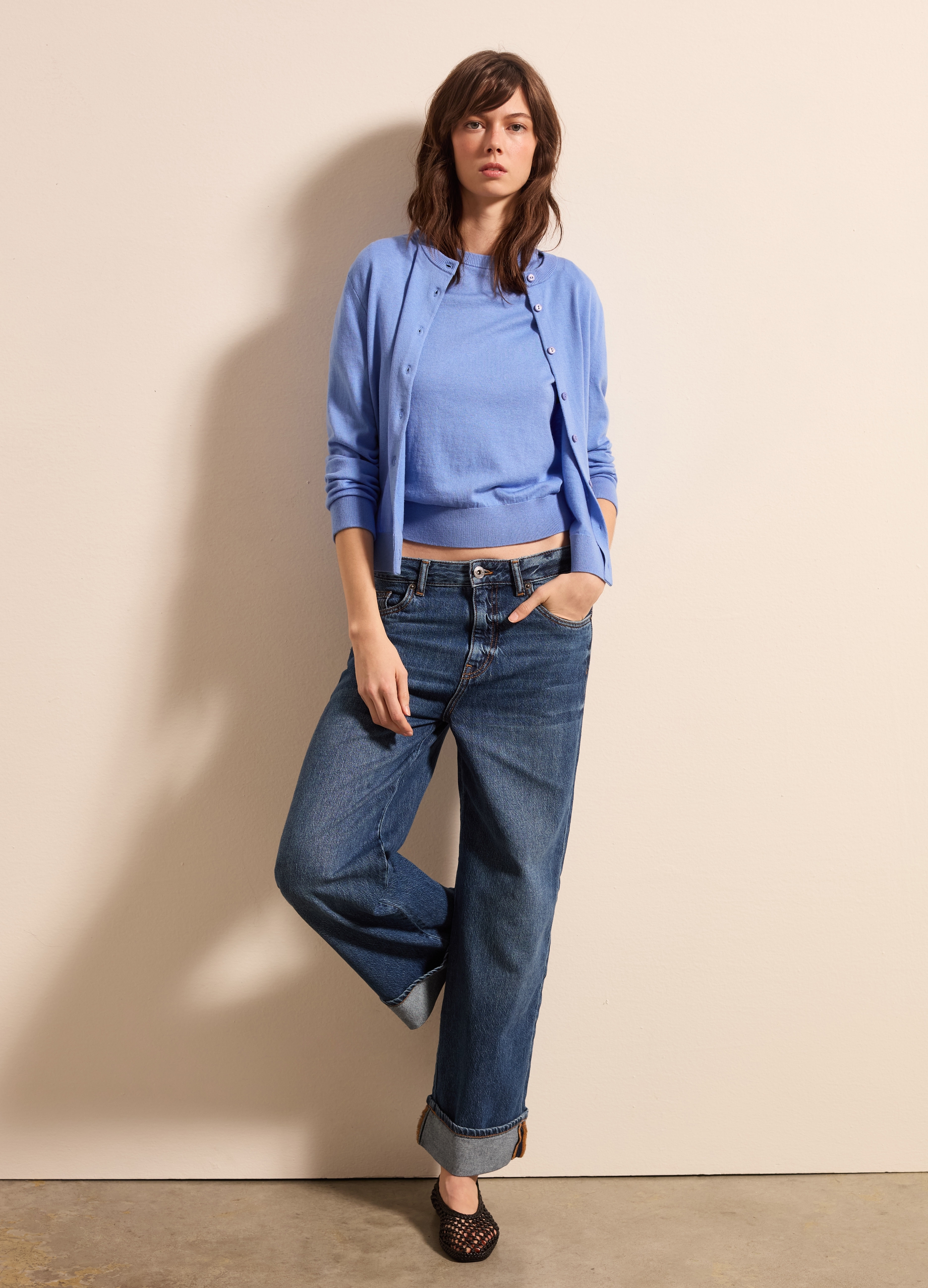 Stefanel - Cardigan in lana, cotone e cashmere, Donna, Blu chiaro, Taglia S