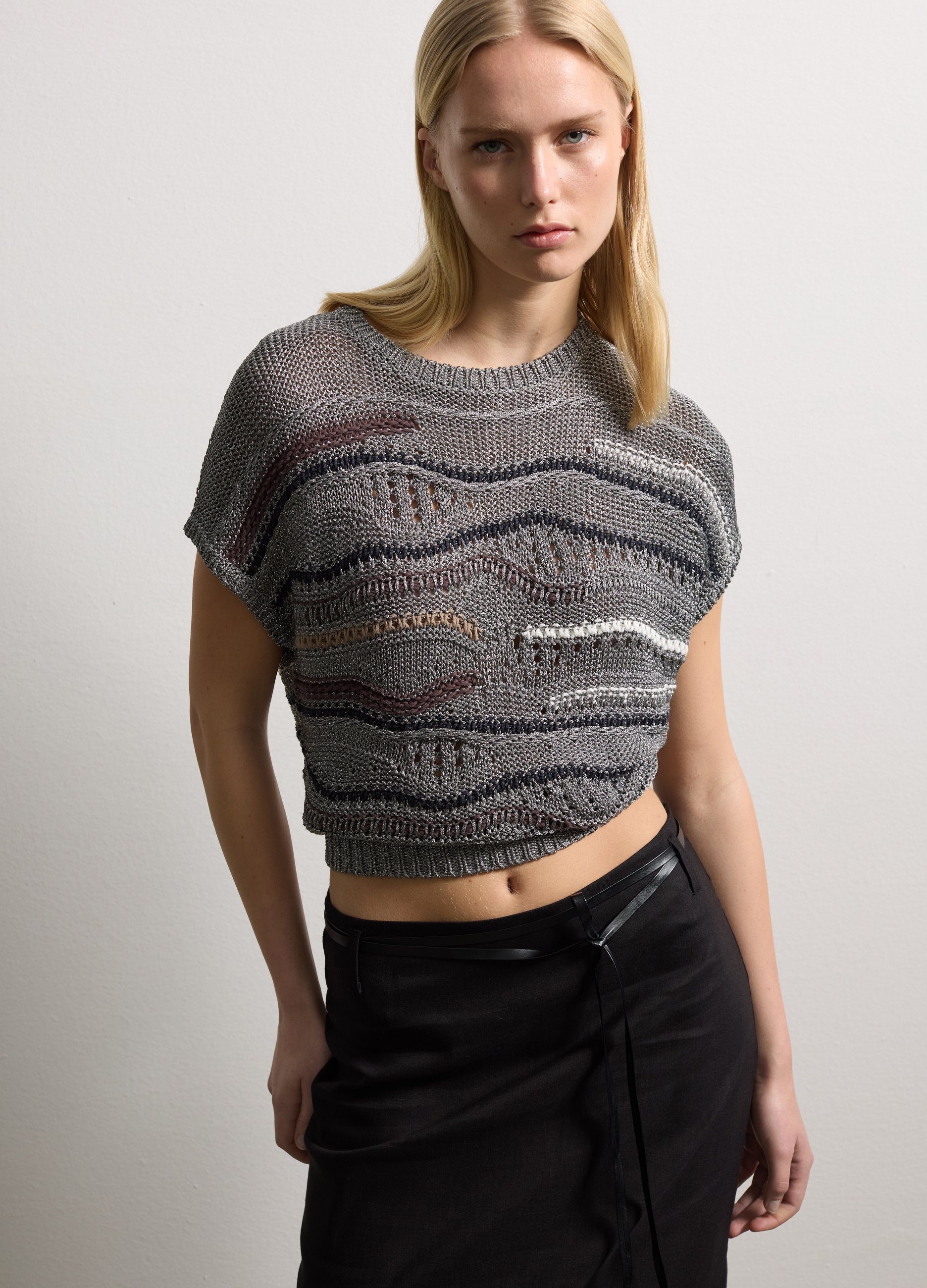 Stefanel - Maglia in lurex con dettagli a contrasto, Donna, Nero/Grigio, Taglia M