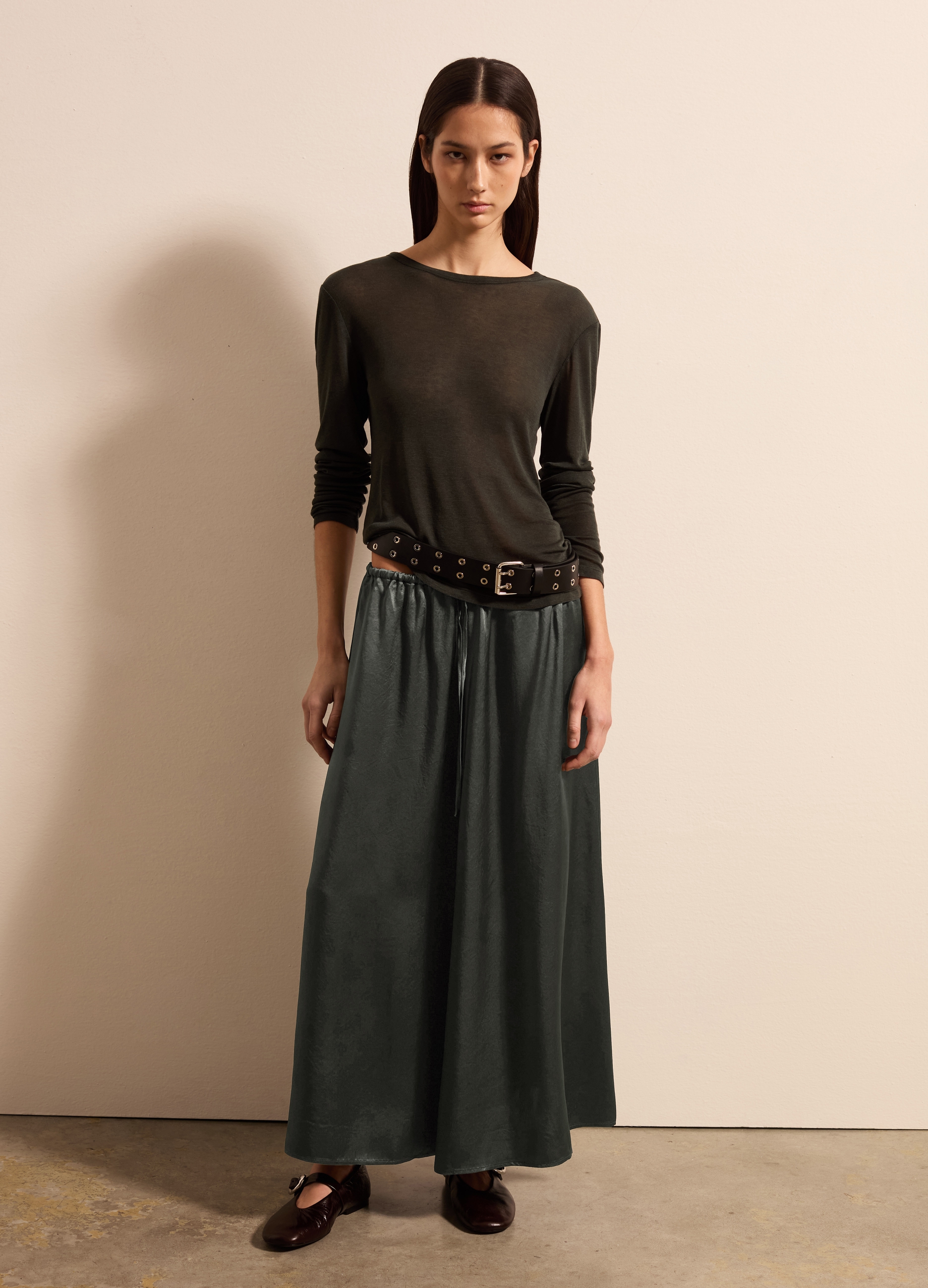 Stefanel - Gonna lunga a ruota in satin, Donna, Verde scuro, Taglia S