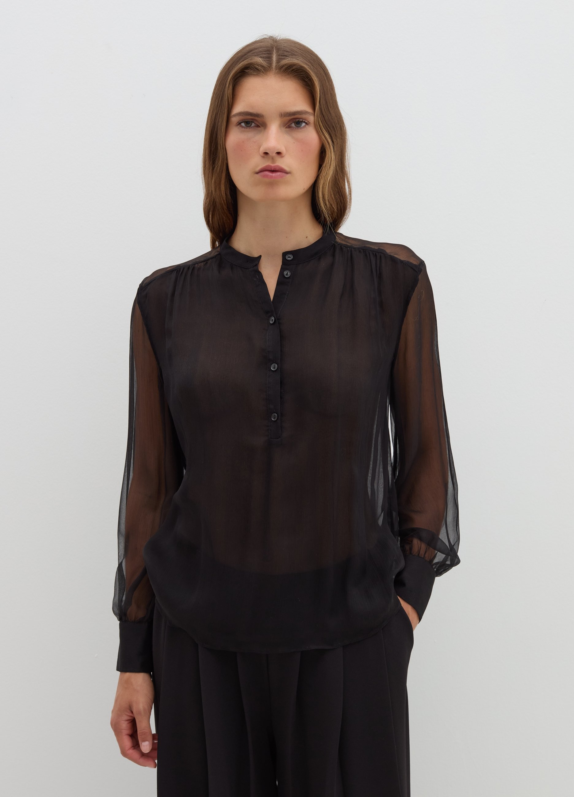 Stefanel - Blusa in crêpe di seta, Donna, Nero, Taglia 38