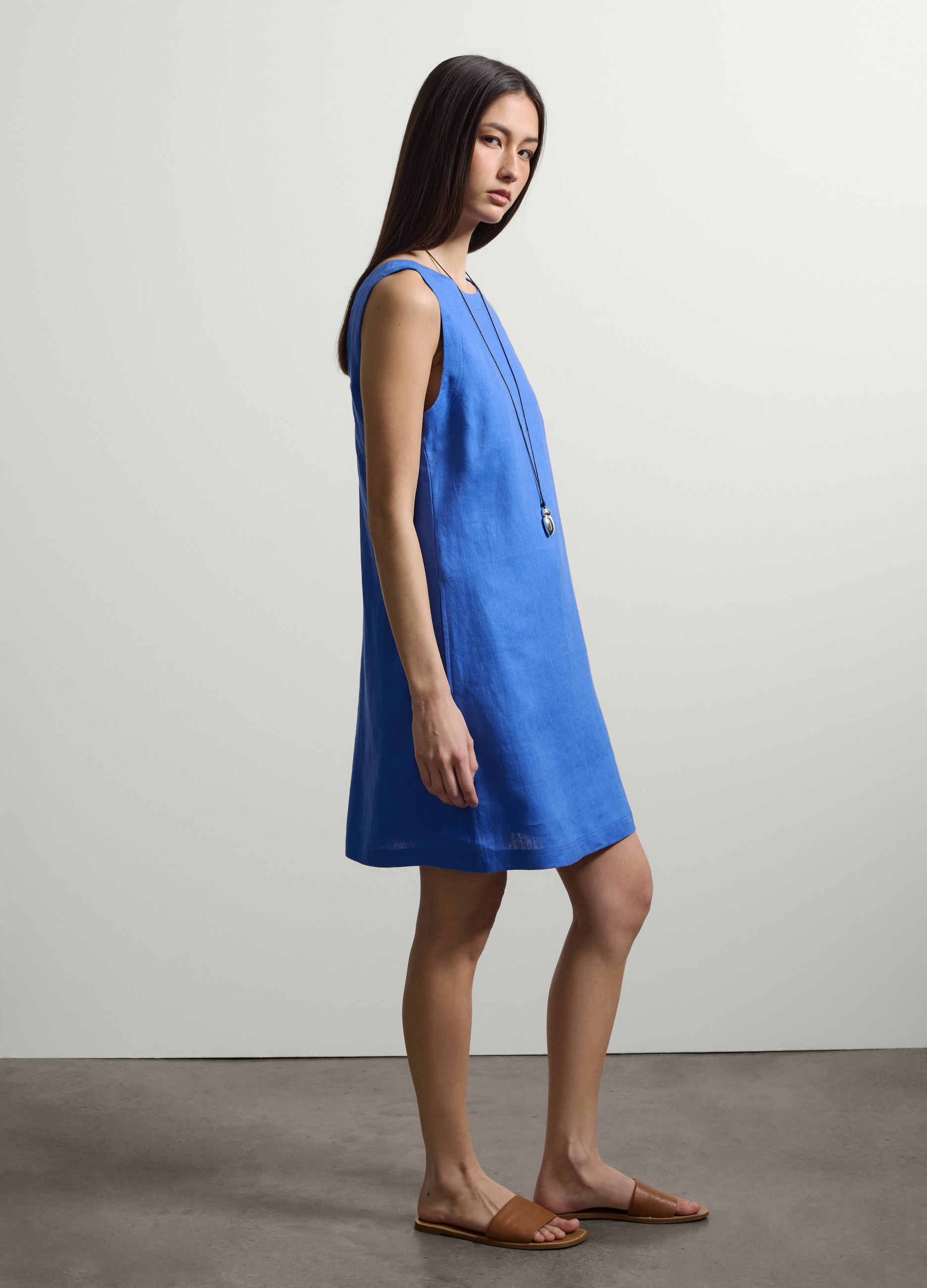 Stefanel - Abito mini senza maniche blu in puro lino regular fit, Donna, Blu Bluette, Taglia M