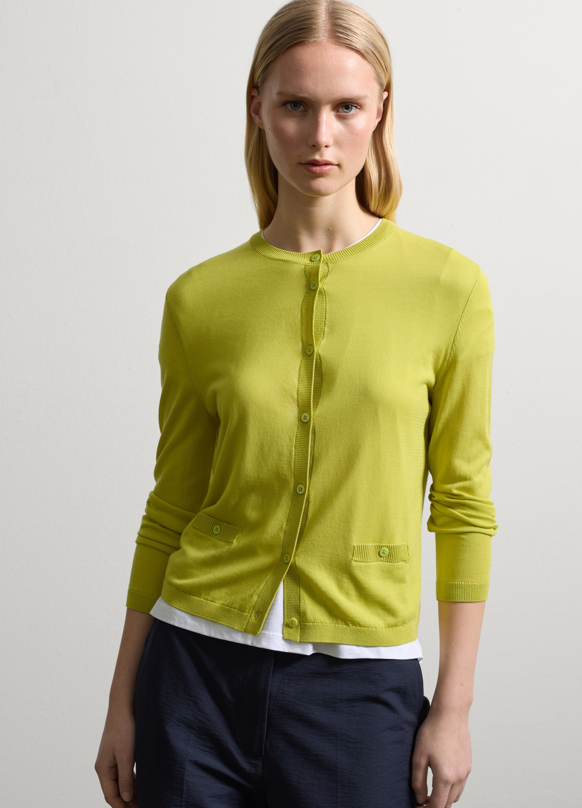 Stefanel - Cardigan tinta unita con tasche, Donna, Verde mela, Taglia XS