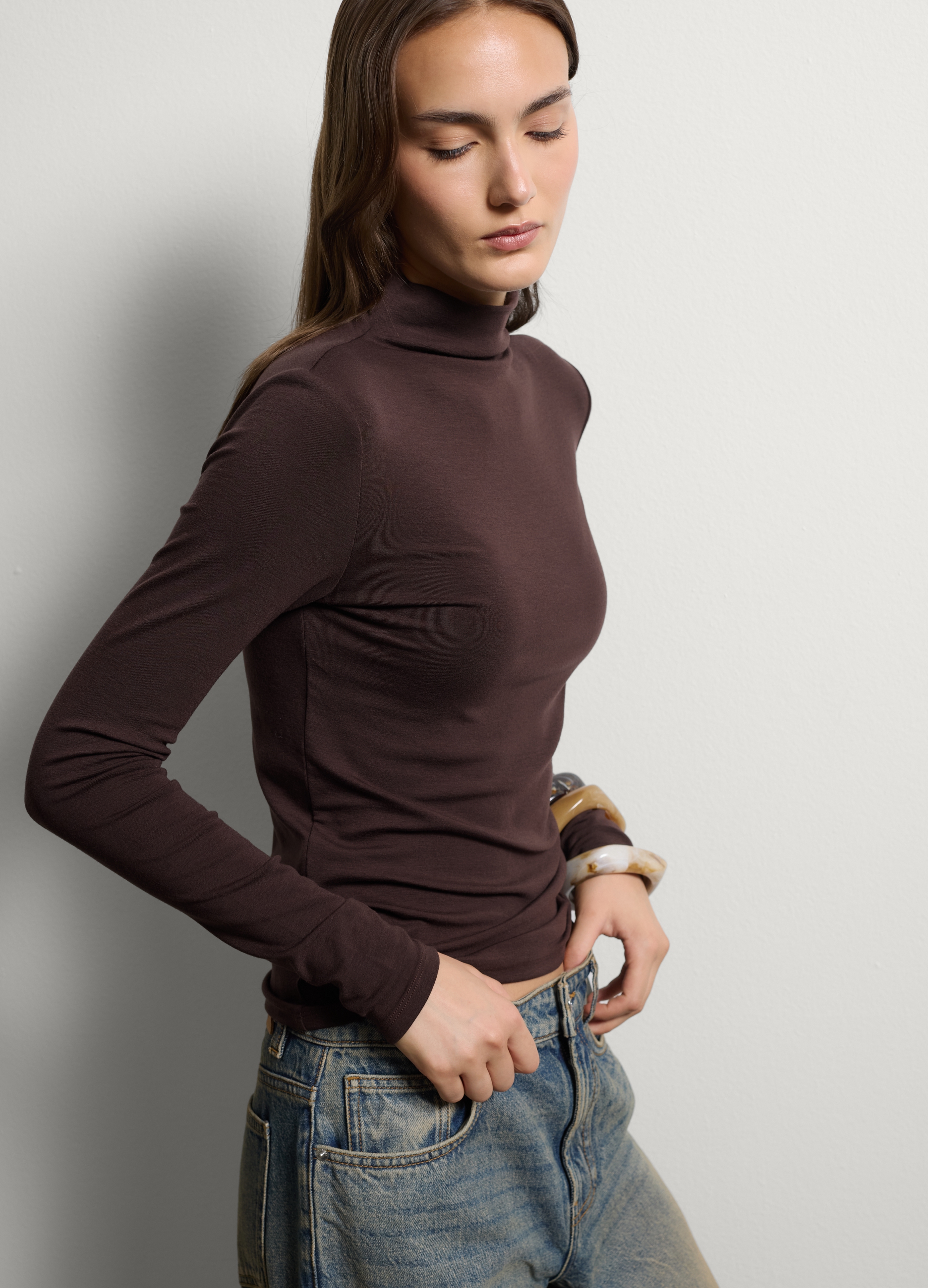 Stefanel - T-shirt marrone in lyocell e lana elasticizzata girocollo regular fit, Donna, Marrone scuro, Taglia XL