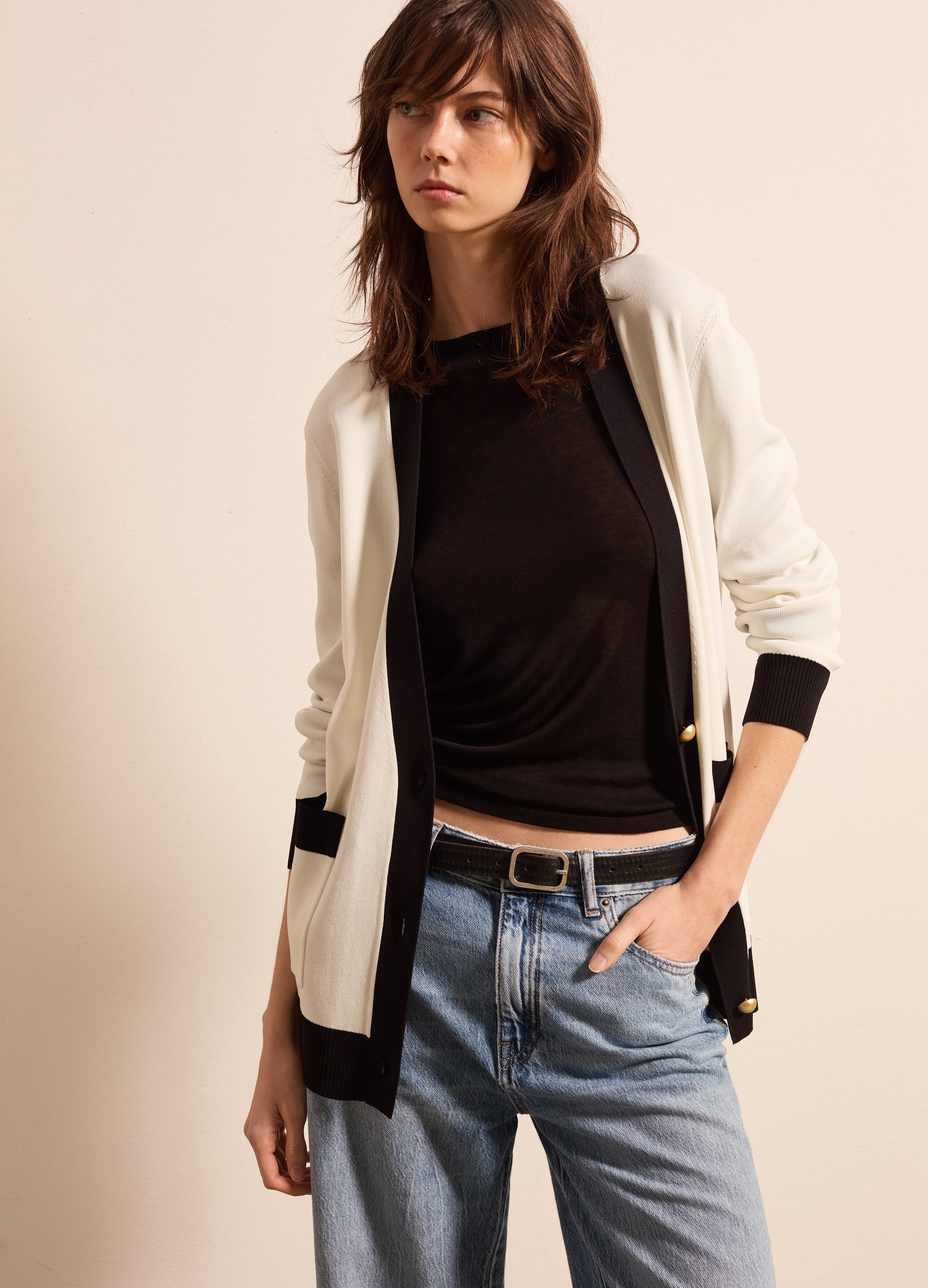 Stefanel - Cardigan lungo con profili a contrasto, Donna, Bianco/Nero, Taglia XS