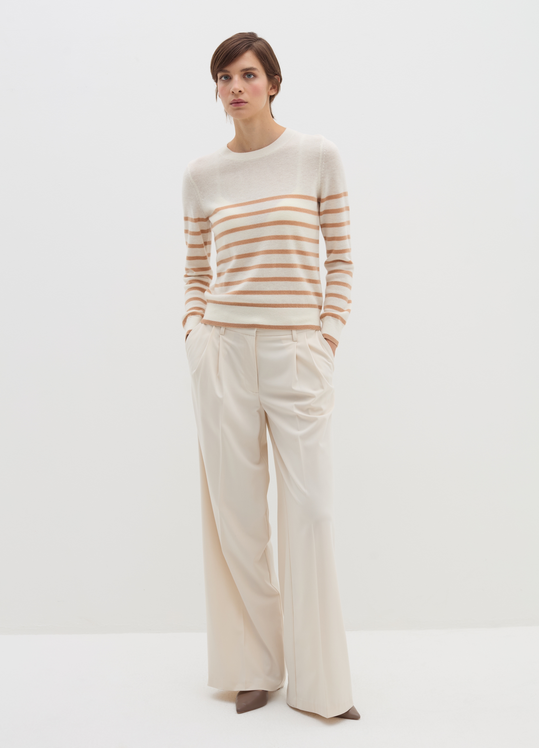 Stefanel - Pullover a righe in lana cardata, Donna, Bianco/Marrone, Taglia L