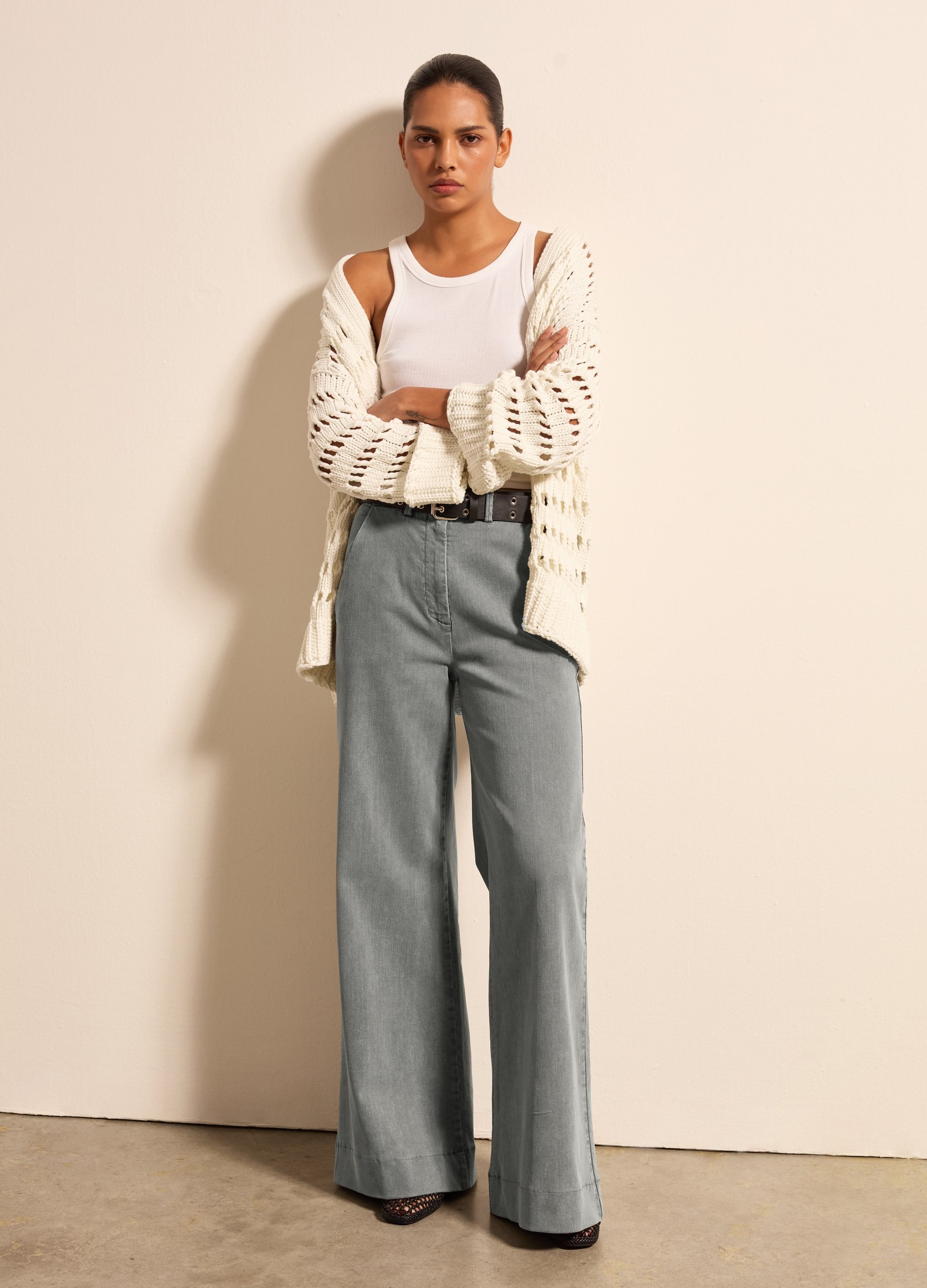 Stefanel - Jeans palazzo a gamba larga, Donna, Grigio chiaro, Taglia 38