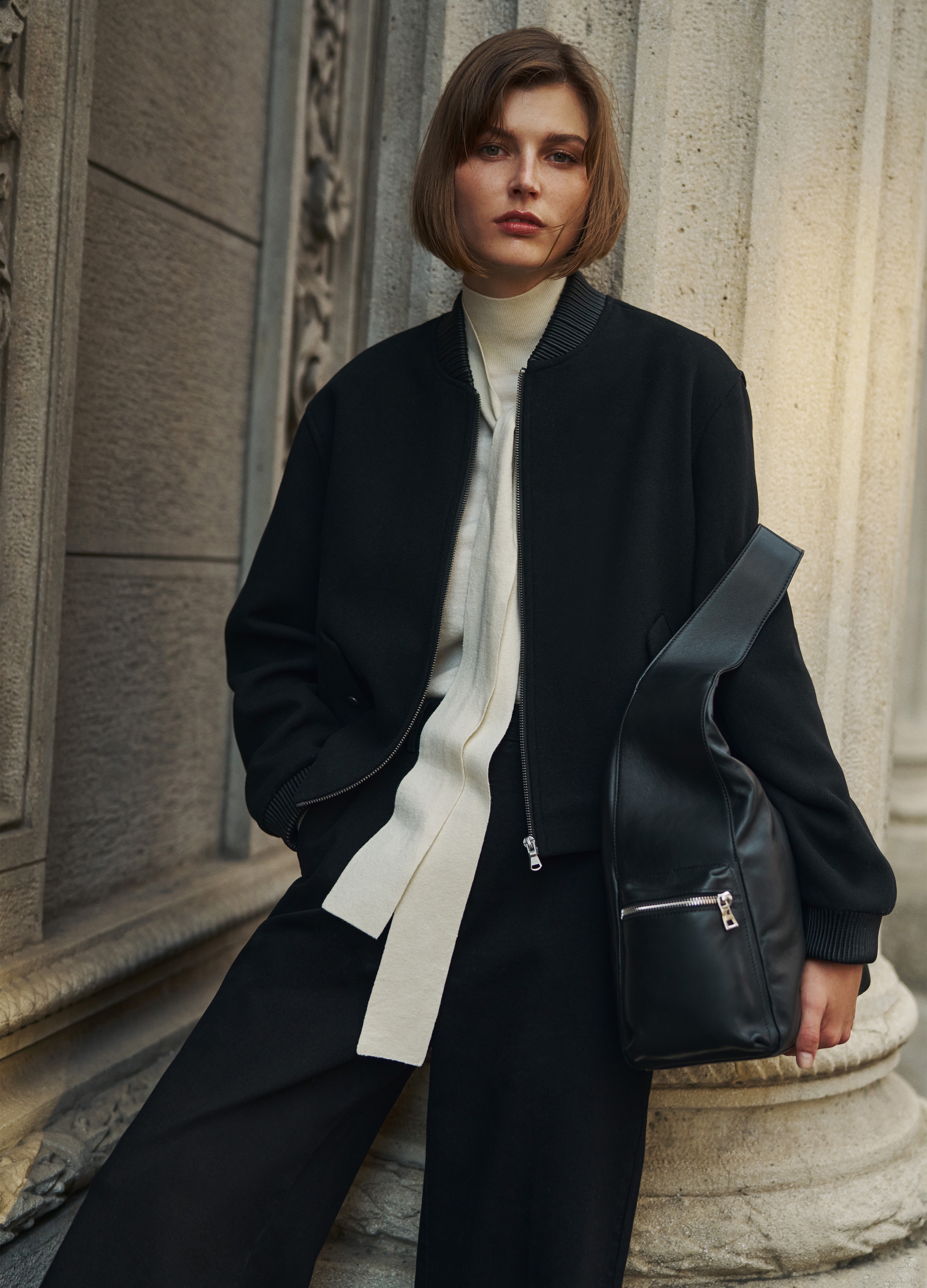 Stefanel - Bomber full-zip in tweed, Donna, Nero, Taglia M