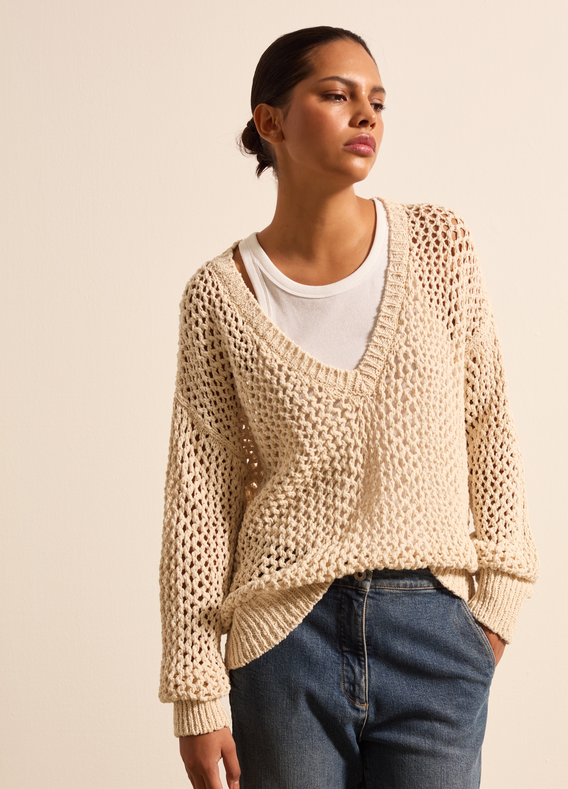 Stefanel - Pullover oversize traforato con scollo a V, Donna, Beige chiaro, Taglia M