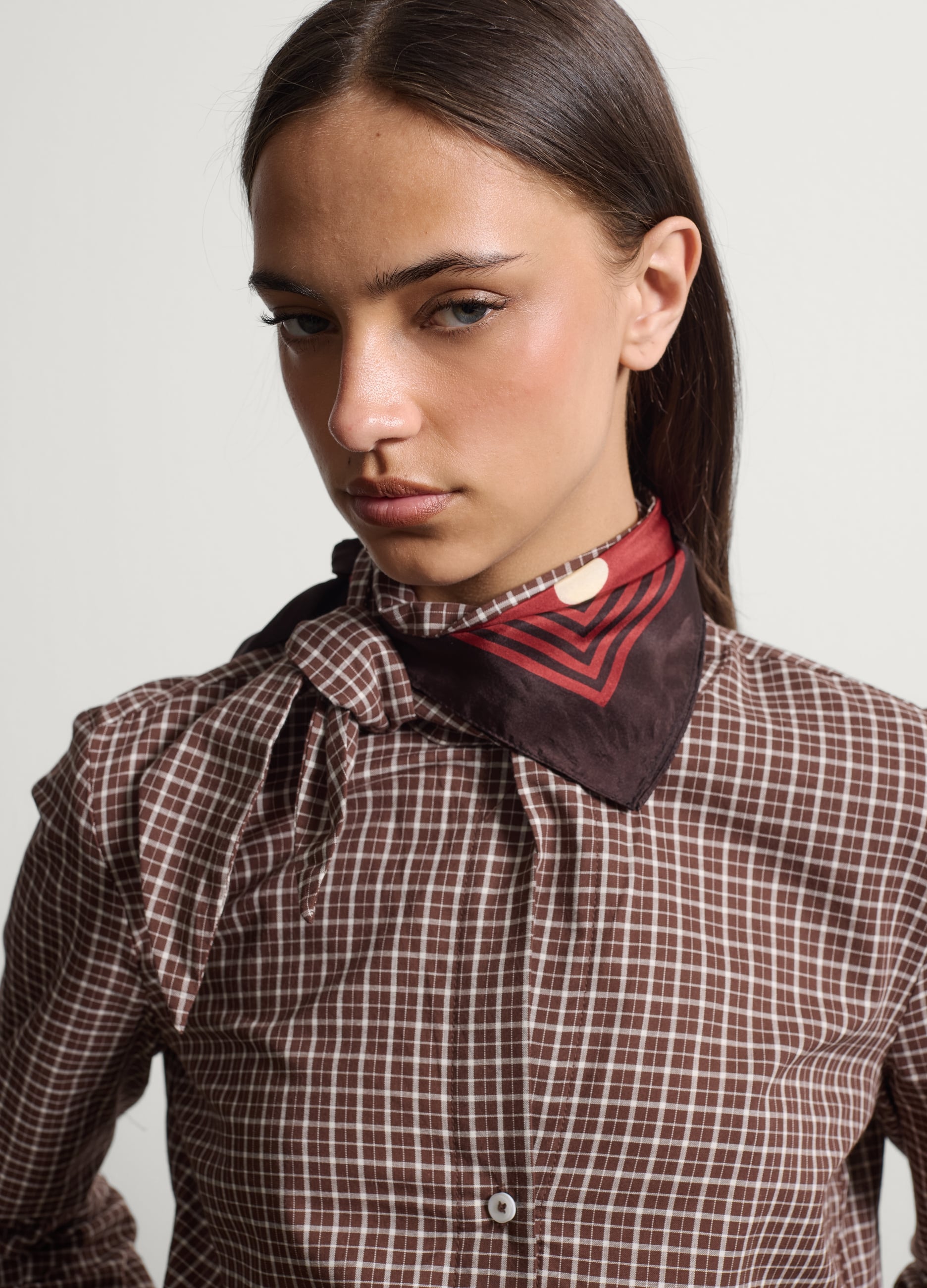 Stefanel - Braunes kariertes Hemd aus reiner Baumwolle mit Schlupfkragen, Regular Fit, Damen, Braun