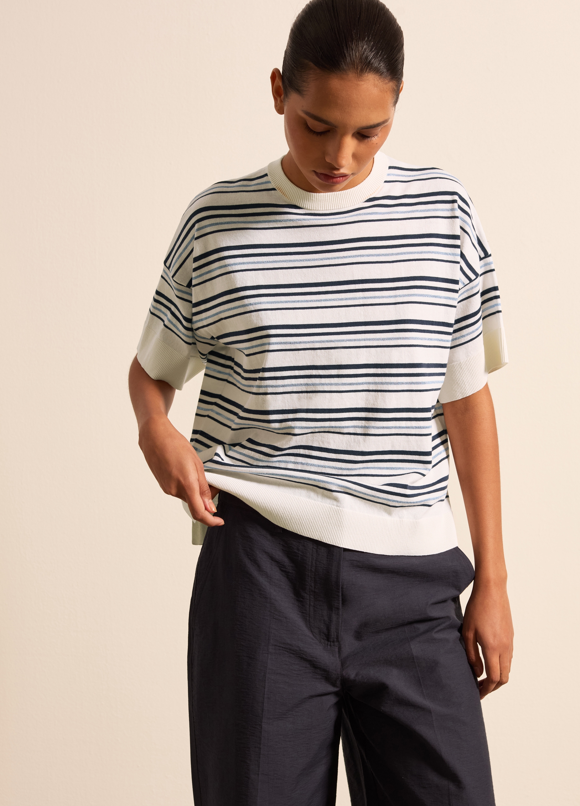 Stefanel - Maglia in crêpe a righe con lurex, Donna, Bianco/Blu, Taglia S