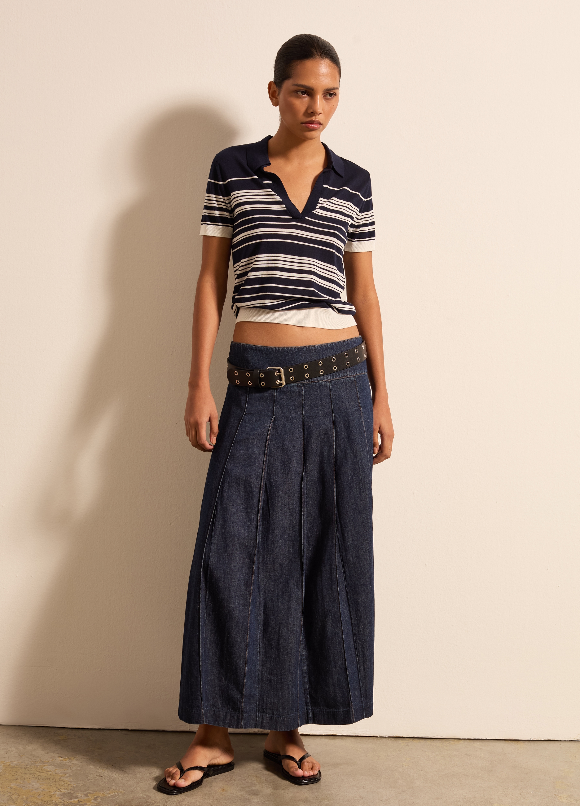 Stefanel - Gonna a ruota con pieghe in denim, Donna, Lavaggio scuro, Taglia S