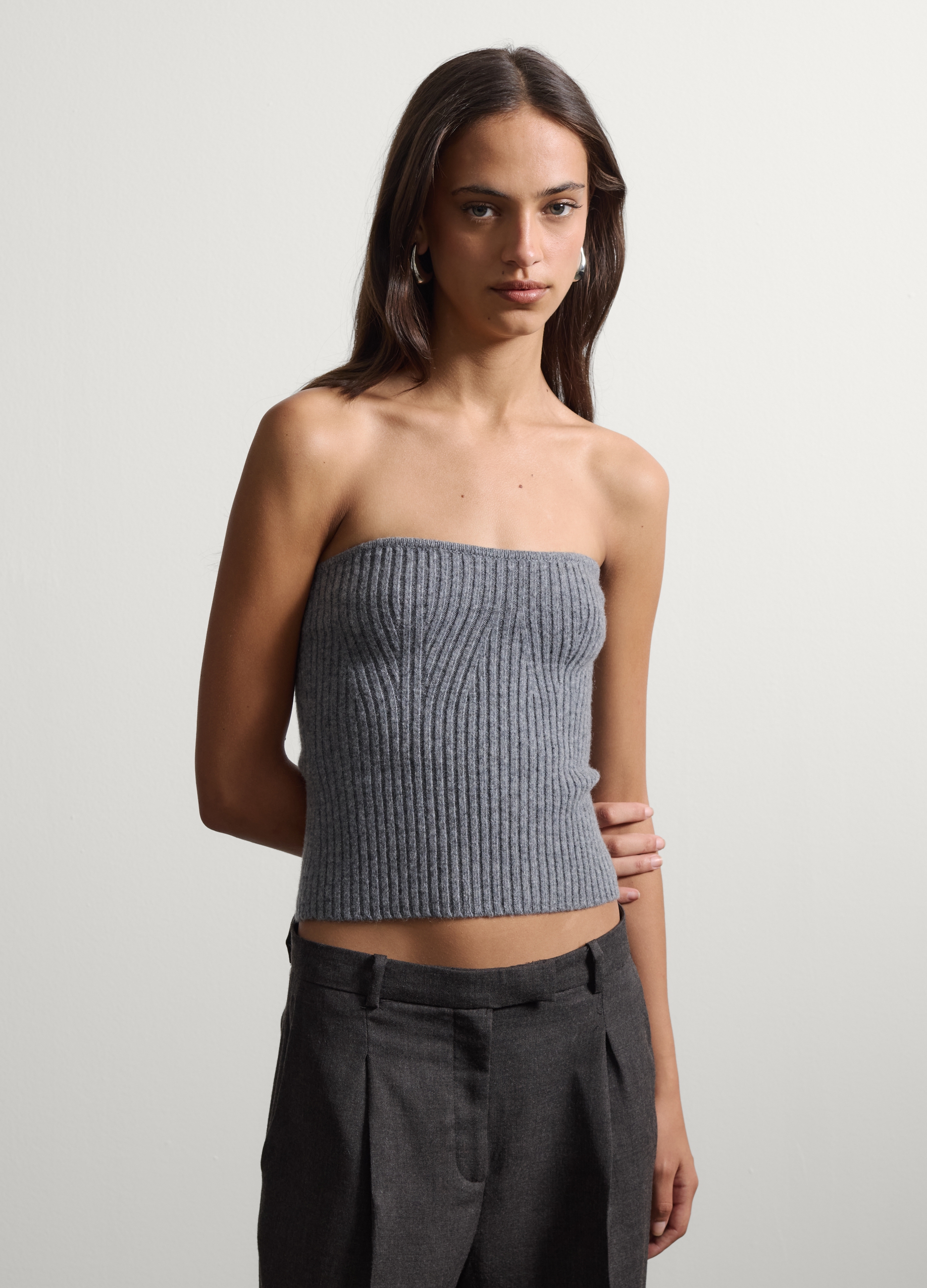 Stefanel - Top grigio a fascia in lana elasticizzata fitted, Donna, Grigio, Taglia XL