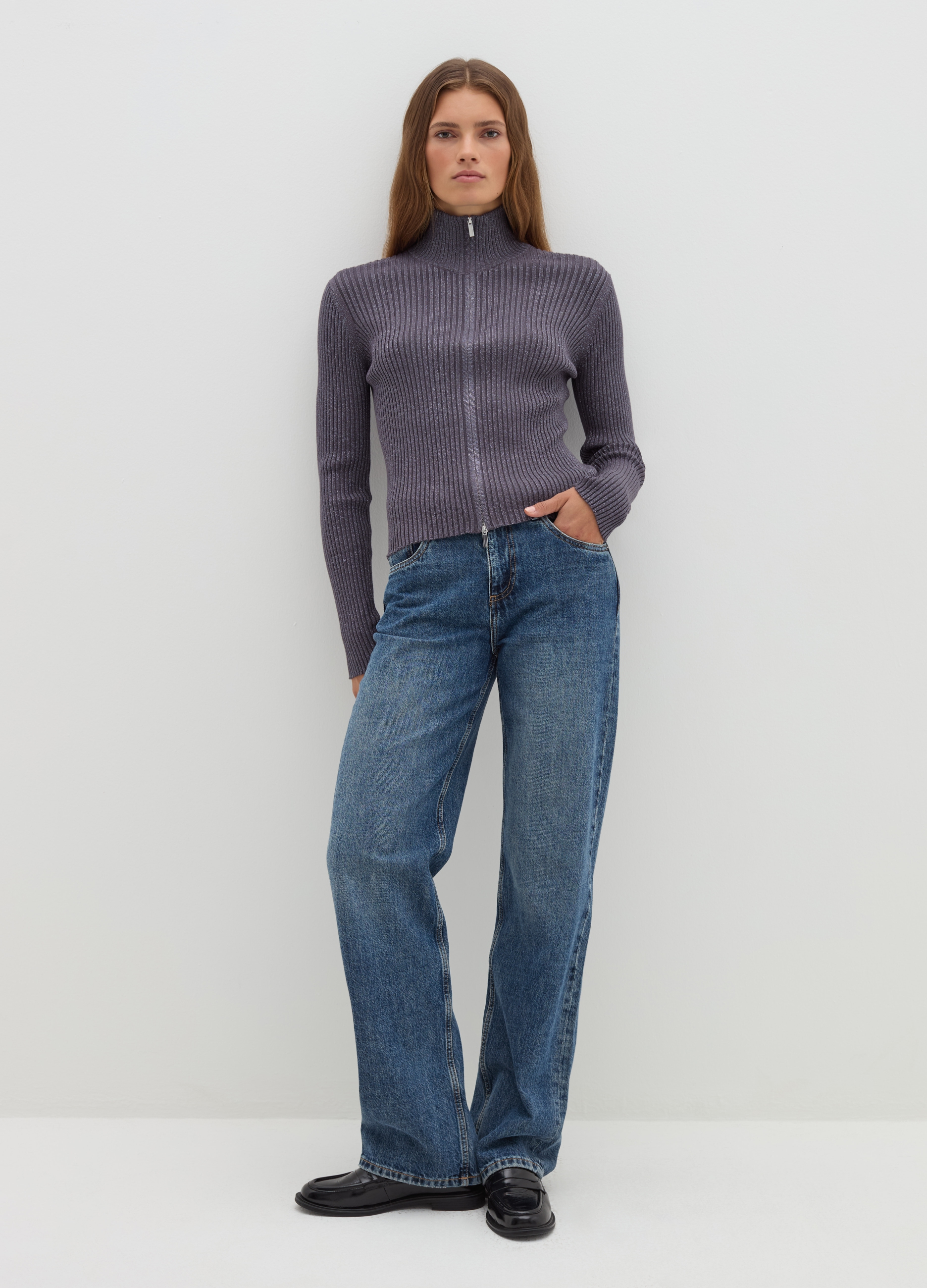 Stefanel - Cardigan a costine full-zip, Donna, Grigio scuro, Taglia XL