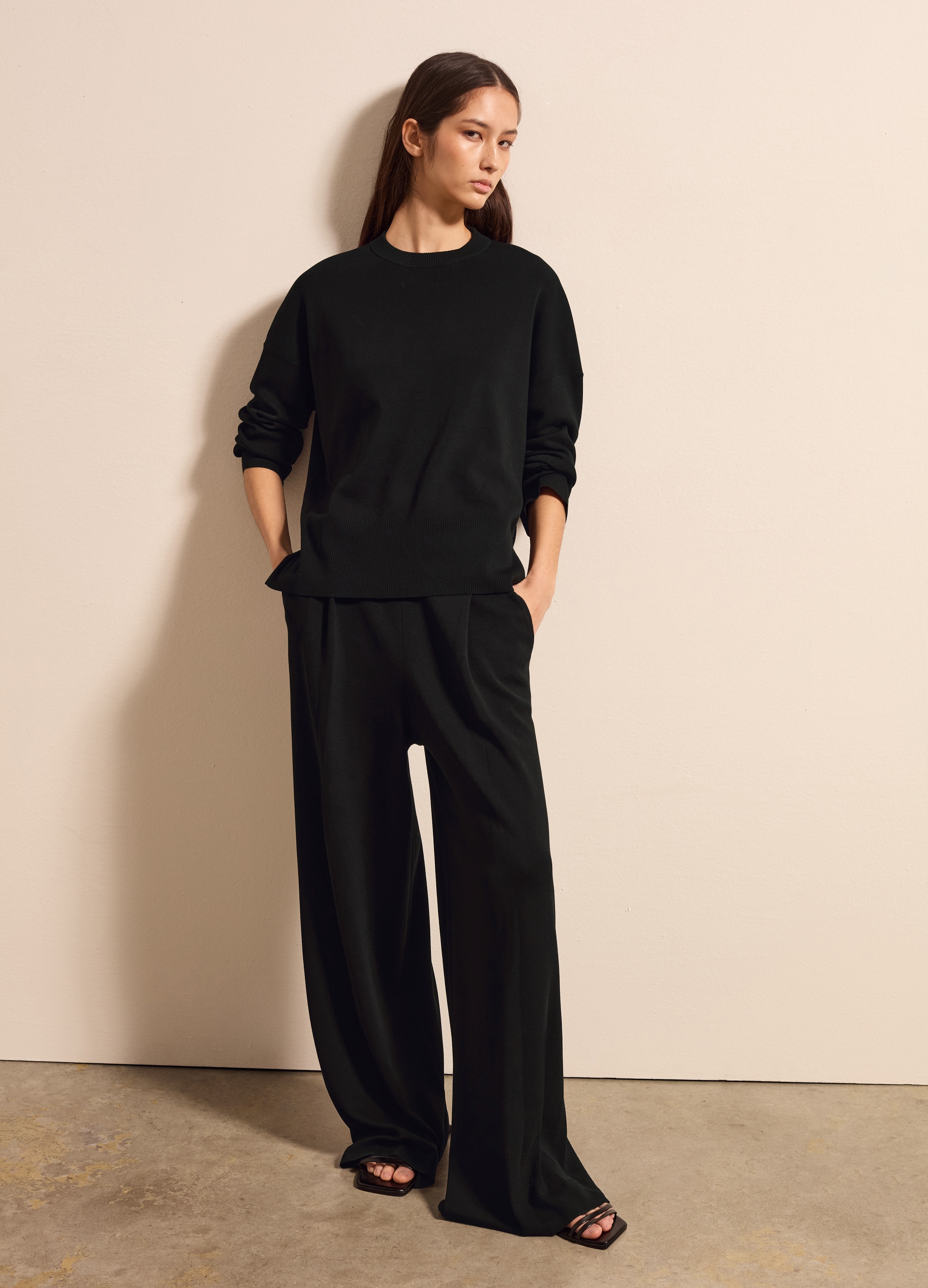 Stefanel - Pantalone a gamba larga in cotone, Donna, Nero, Taglia XS