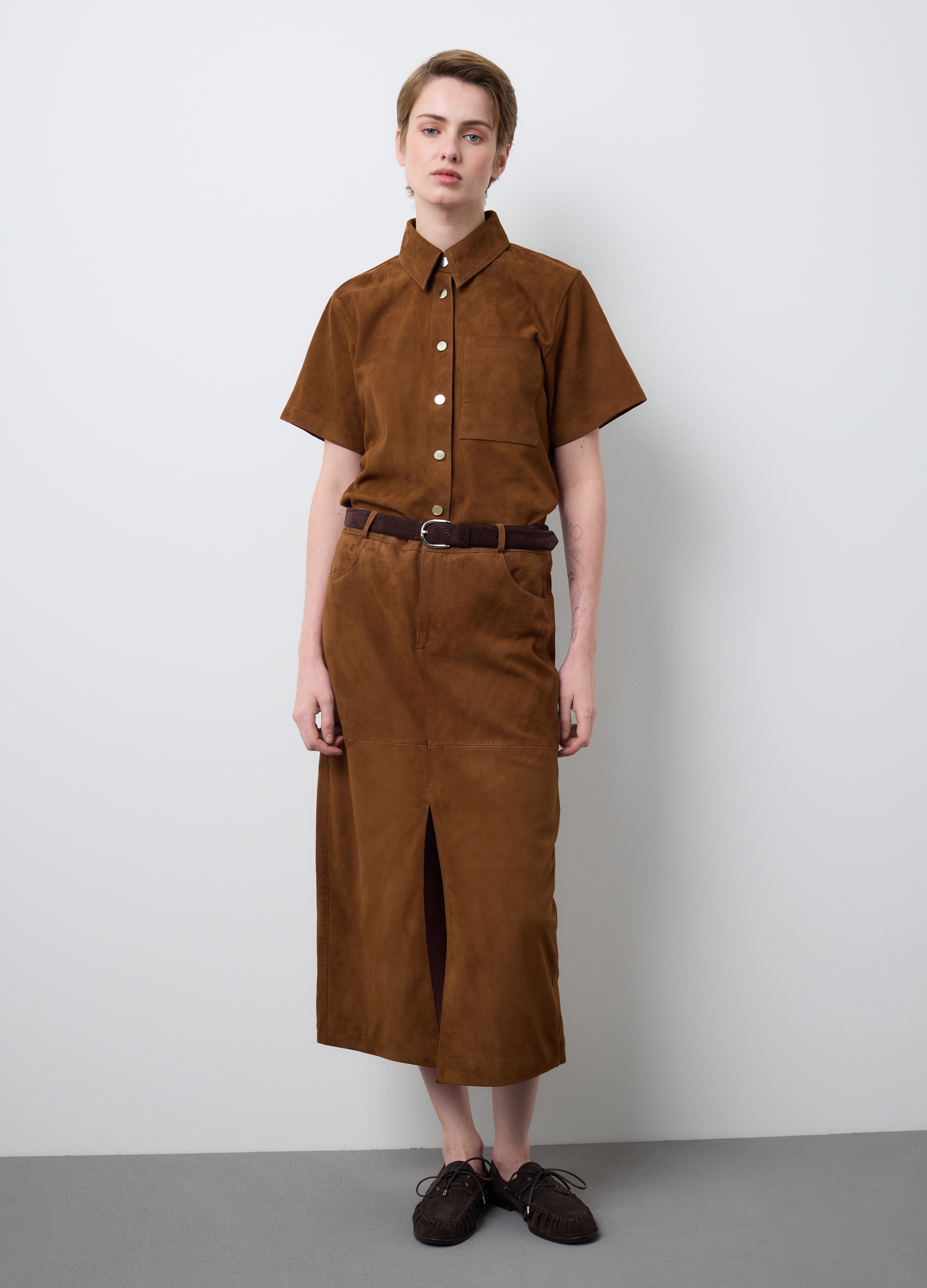 Stefanel - Gonna midi in vera pelle marrone con spacchi, Donna, Marrone tabacco, Taglia XS