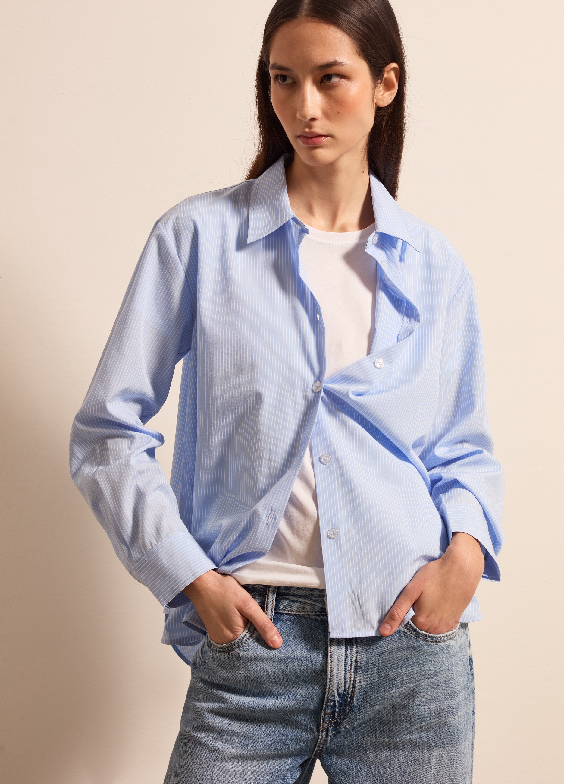 Stefanel - Camicia gessata in cotone, Donna, Blu chiaro, Taglia XS