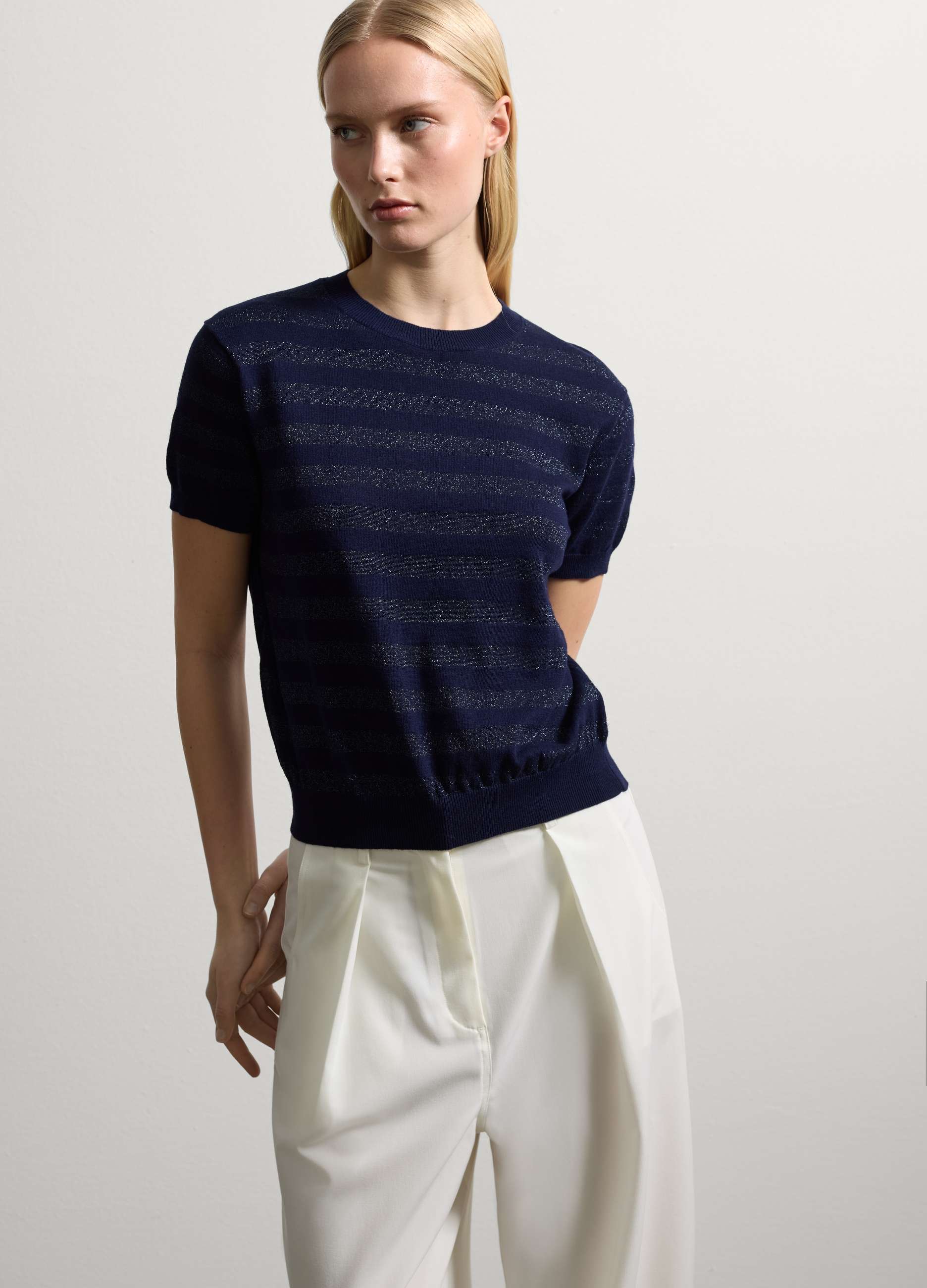 Stefanel - Maglia in lurex a righe, Donna, Blu Notte, Taglia XS