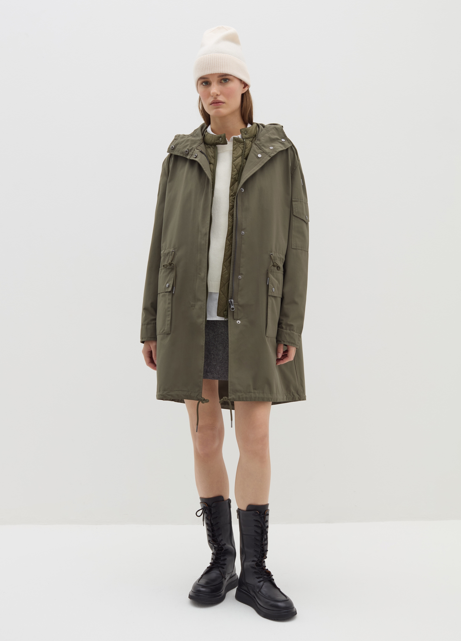 Stefanel - Giacca lunga impermeabile con gilet interno, Donna, Verde militare, Taglia S