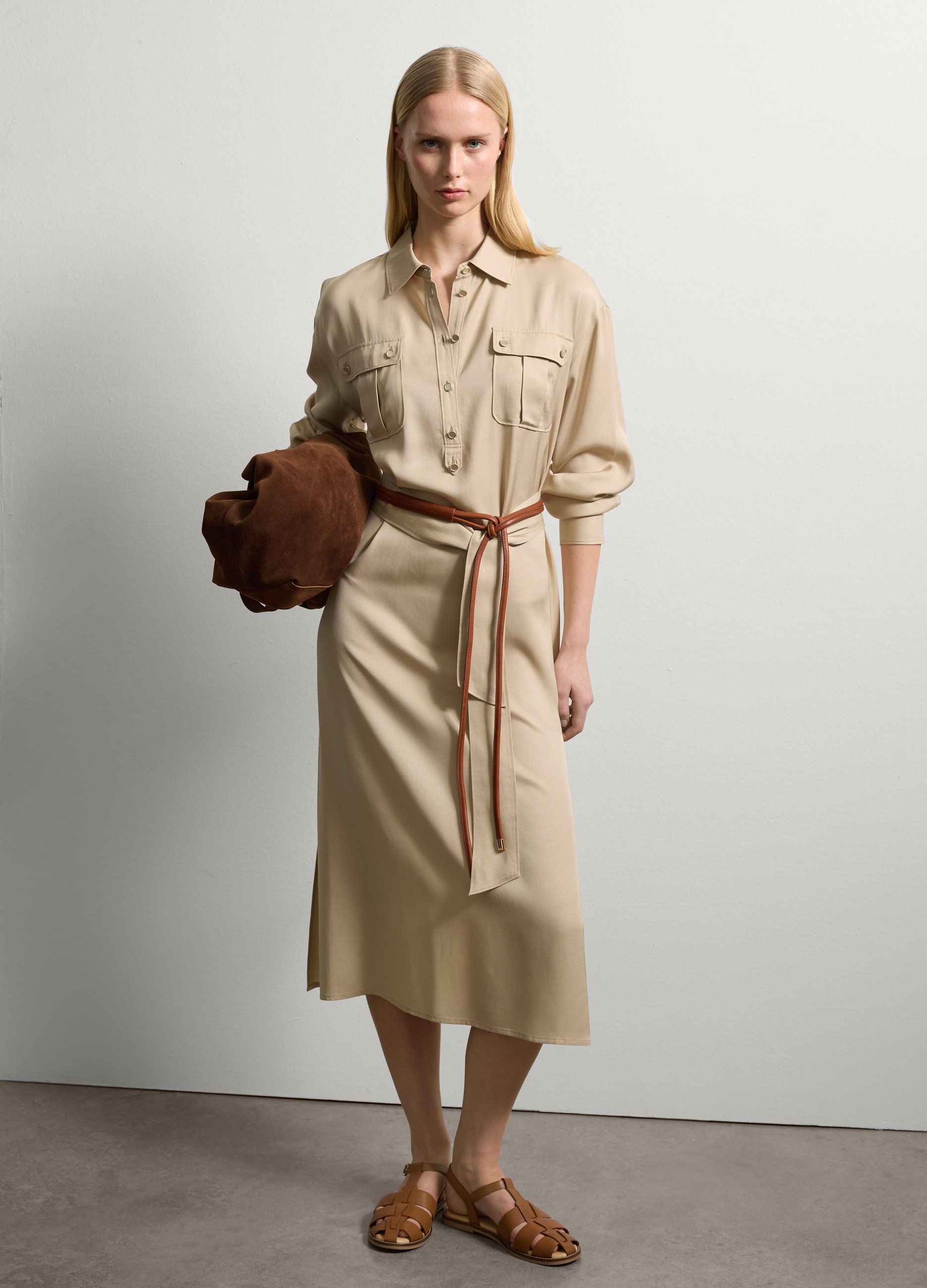 Stefanel - Vestito fluido chemisier con cintura, Donna, Sabbia, Taglia XS