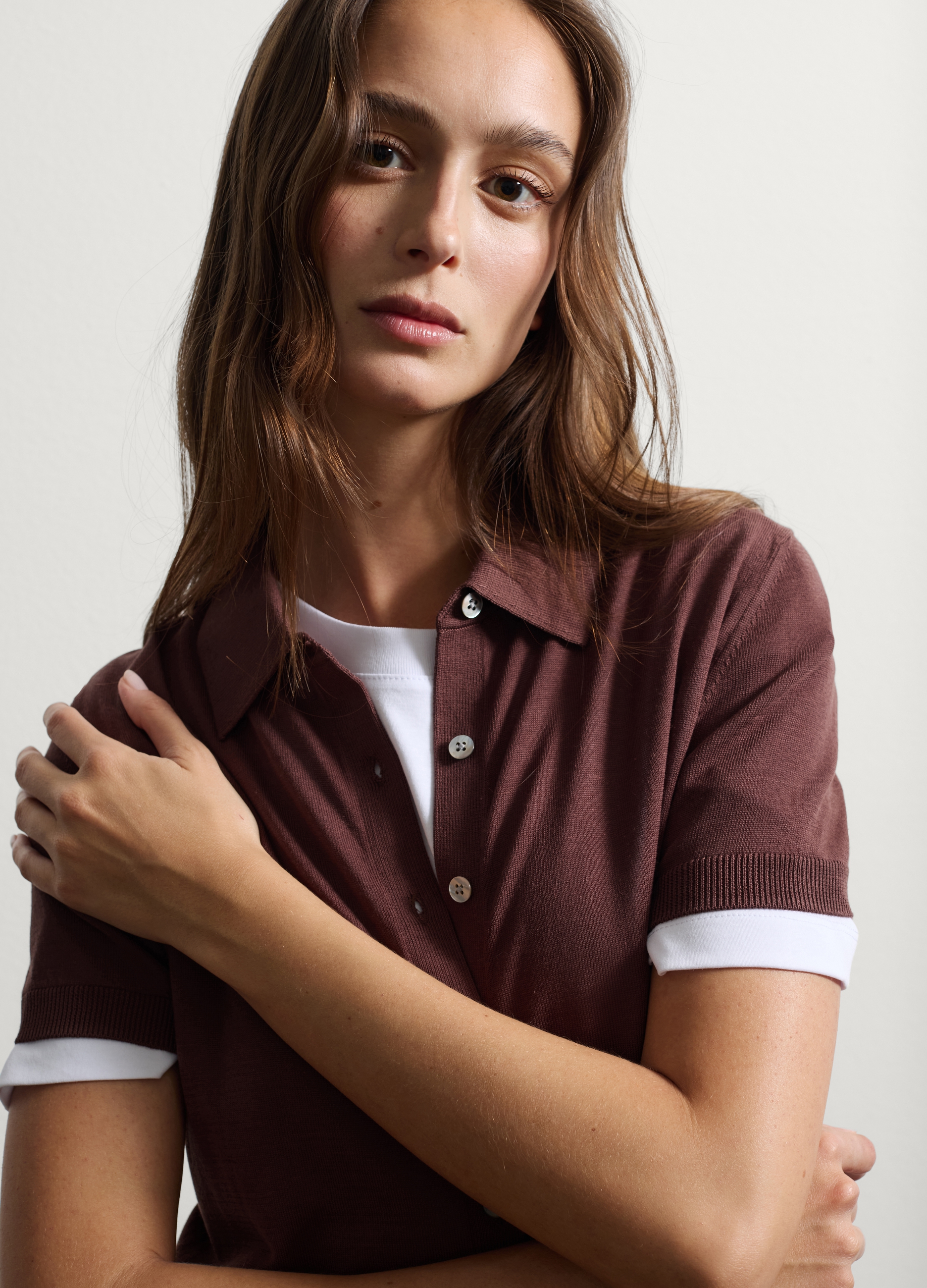 Stefanel - Polo in lyocell marrone regular fit, Donna, Marrone scuro, Taglia XS