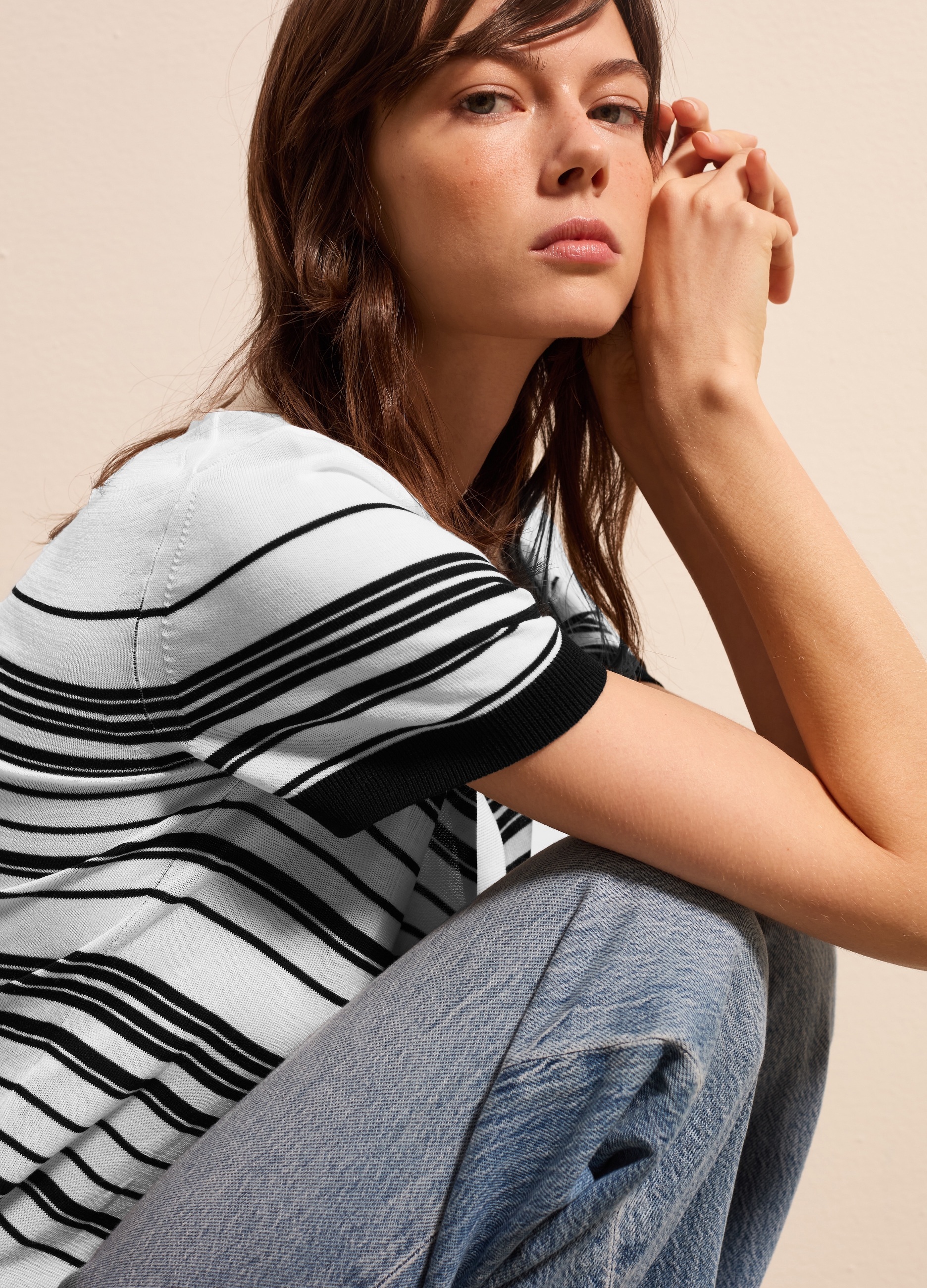 Stefanel - Maglia a righe con scollo a polo, Donna, Bianco/Nero, Taglia XS