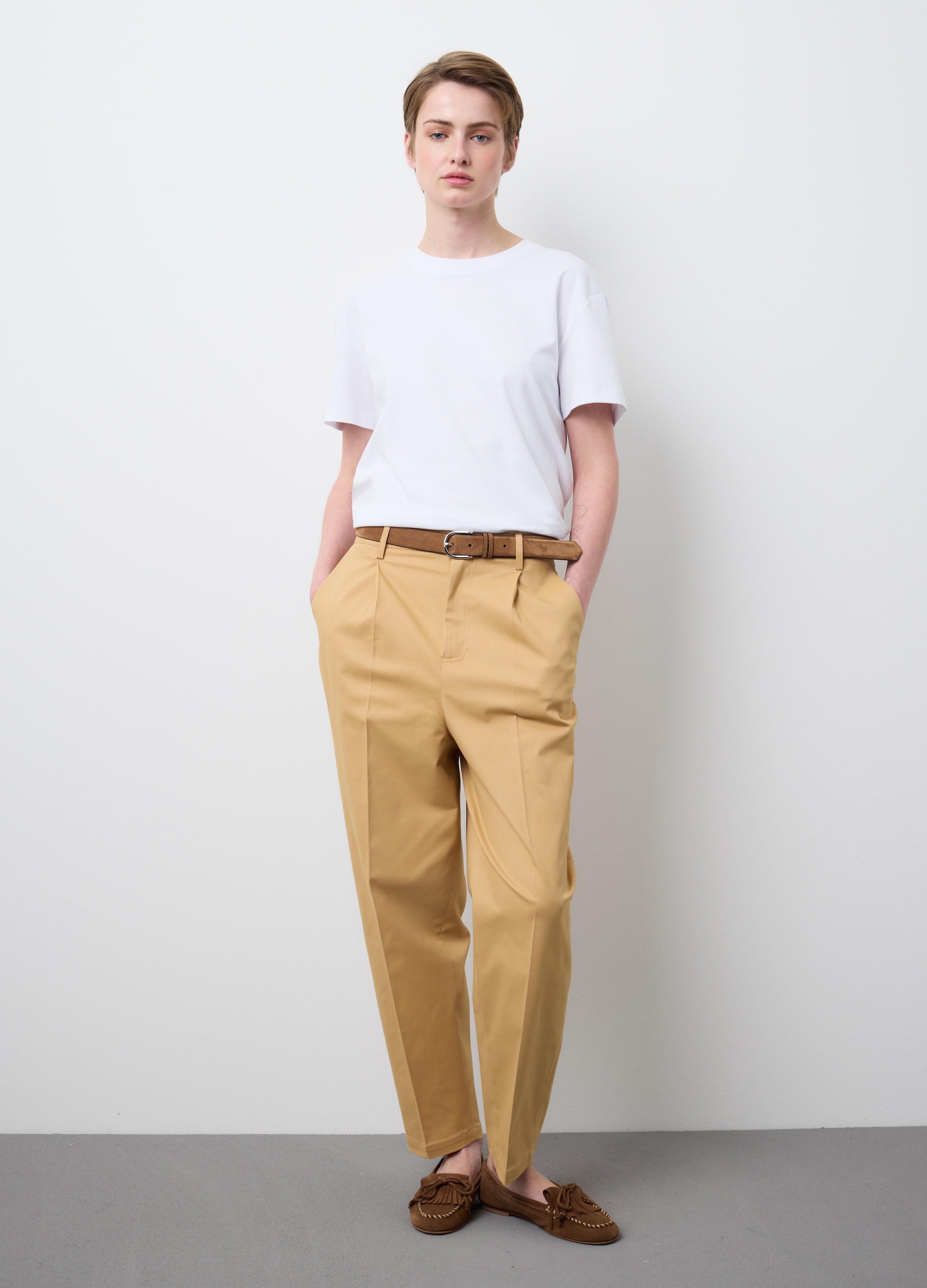 Stefanel - Pantaloni in cotone elasticizzato beige regular fit, Donna, Beige melange, Taglia 38