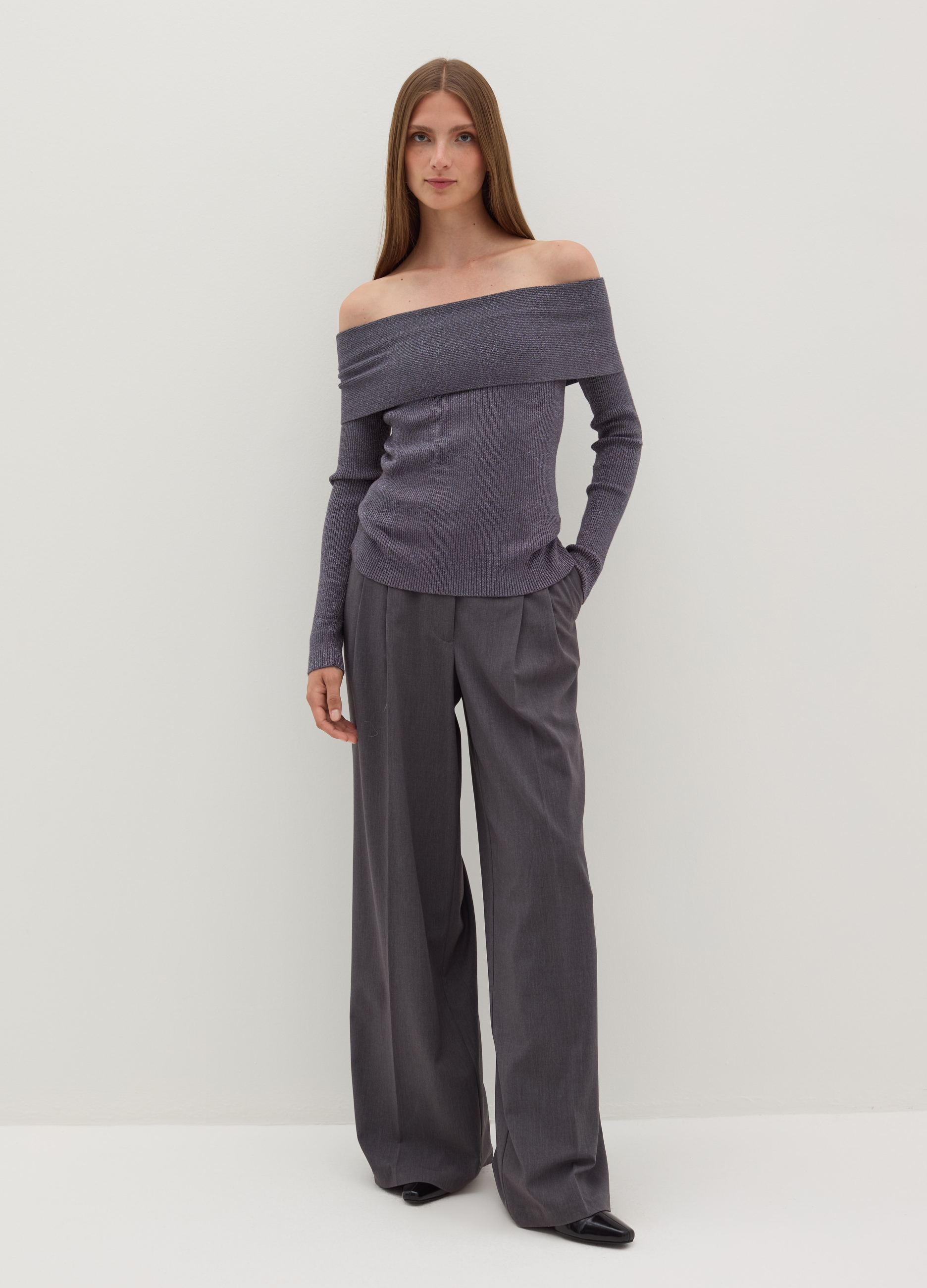 Stefanel - T-shirt in lurex a costine con spalle scoperte, Donna, Grigio fumo, Taglia XS