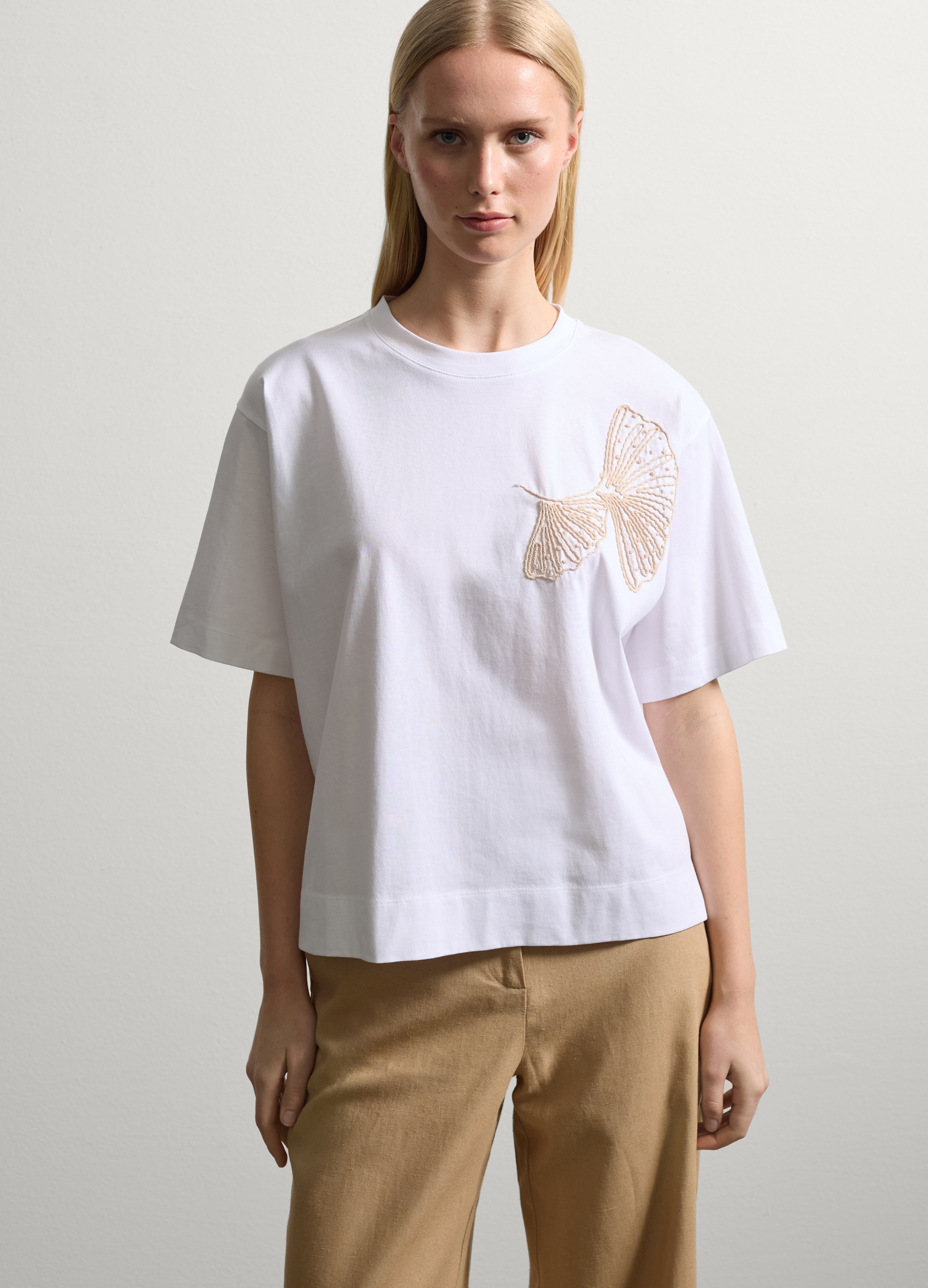Stefanel - T-shirt in cotone con ricamo, Donna, Bianco ottico, Taglia XS