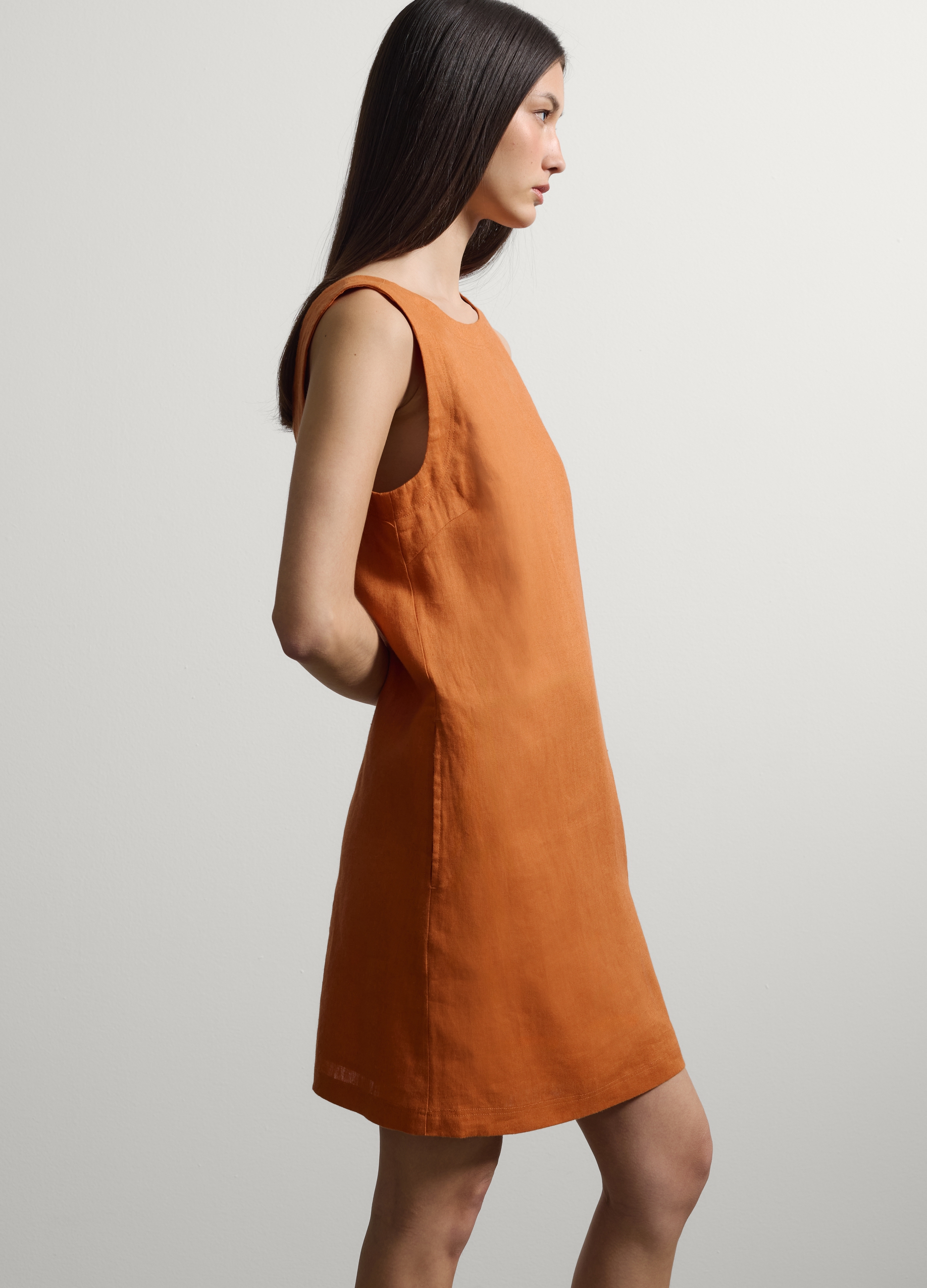 Stefanel - Abito mini senza maniche arancione in puro lino regular fit, Donna, Arancione, Taglia S