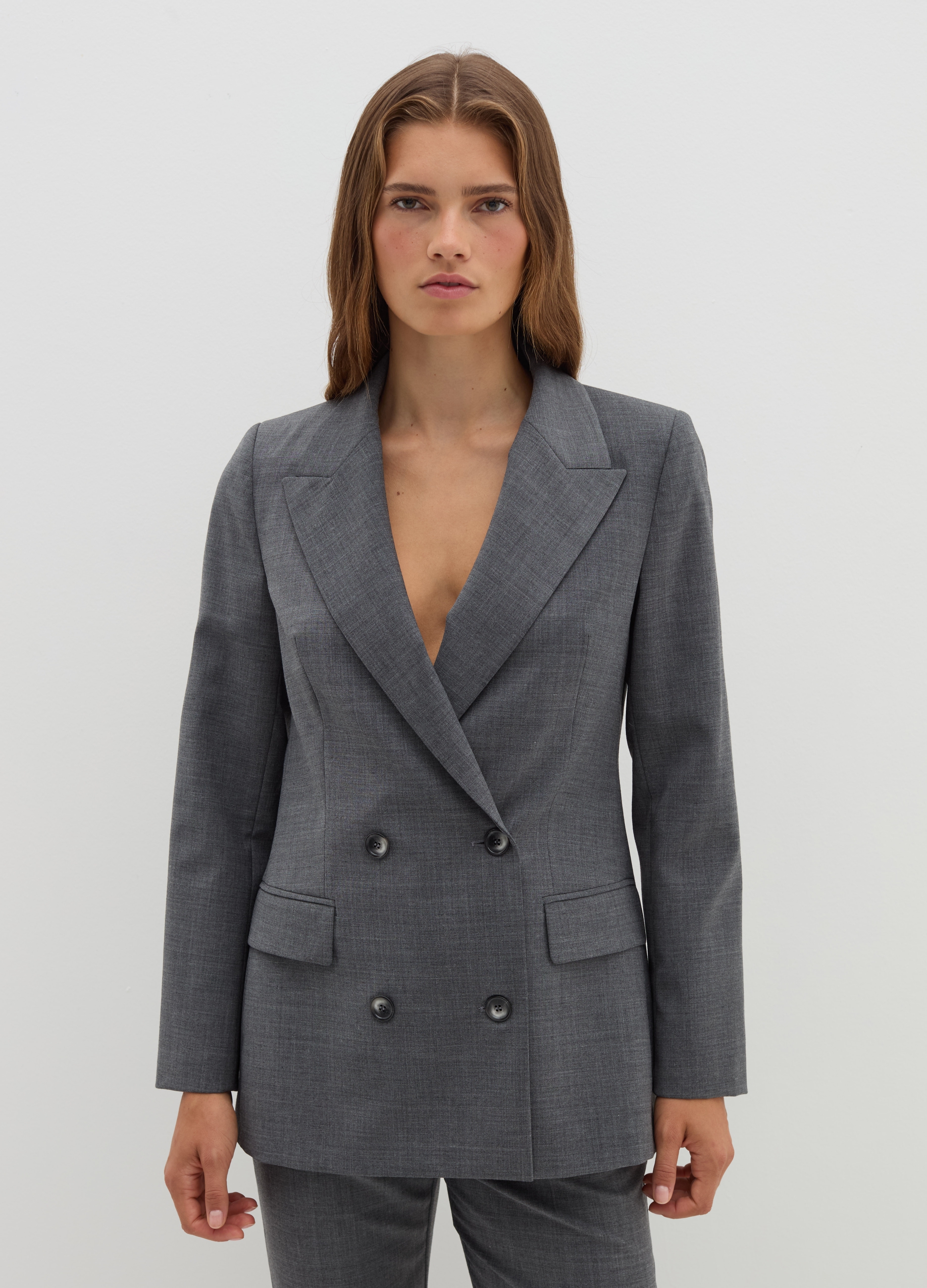 Stefanel - Blazer doppiopetto in fresco lana, Donna, Grigio melange, Taglia 44