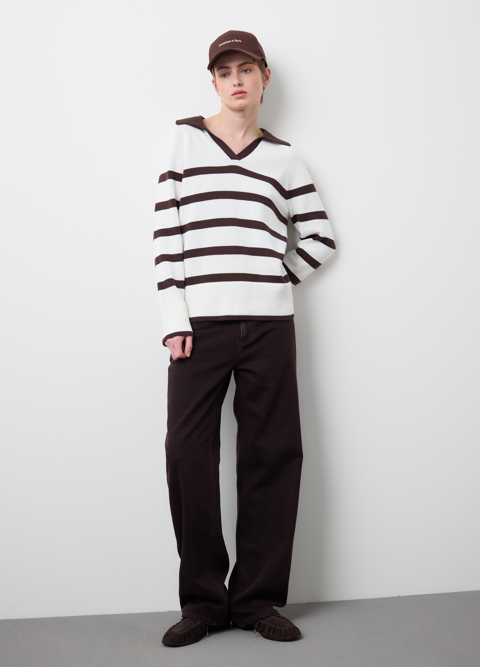 Stefanel - Rein Baumwoll-Pullover mit mehrfarbigen Streifen und Polo-Kragen im Regular Fit, Damen, Weiß/Braun