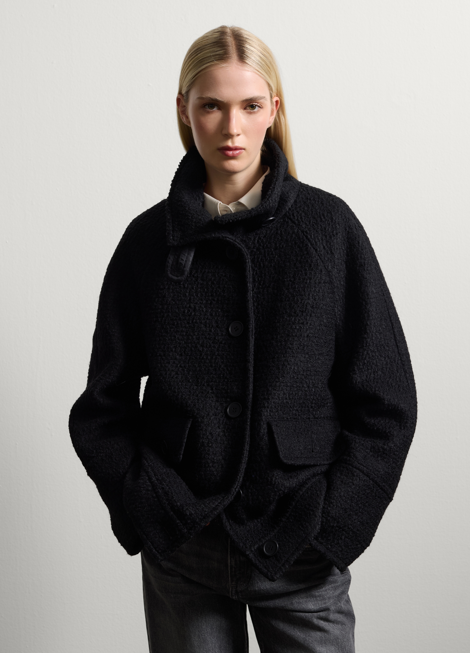 Stefanel - Cappotto nero in misto lana regular fit, Donna, Nero canna di fucile, Taglia M