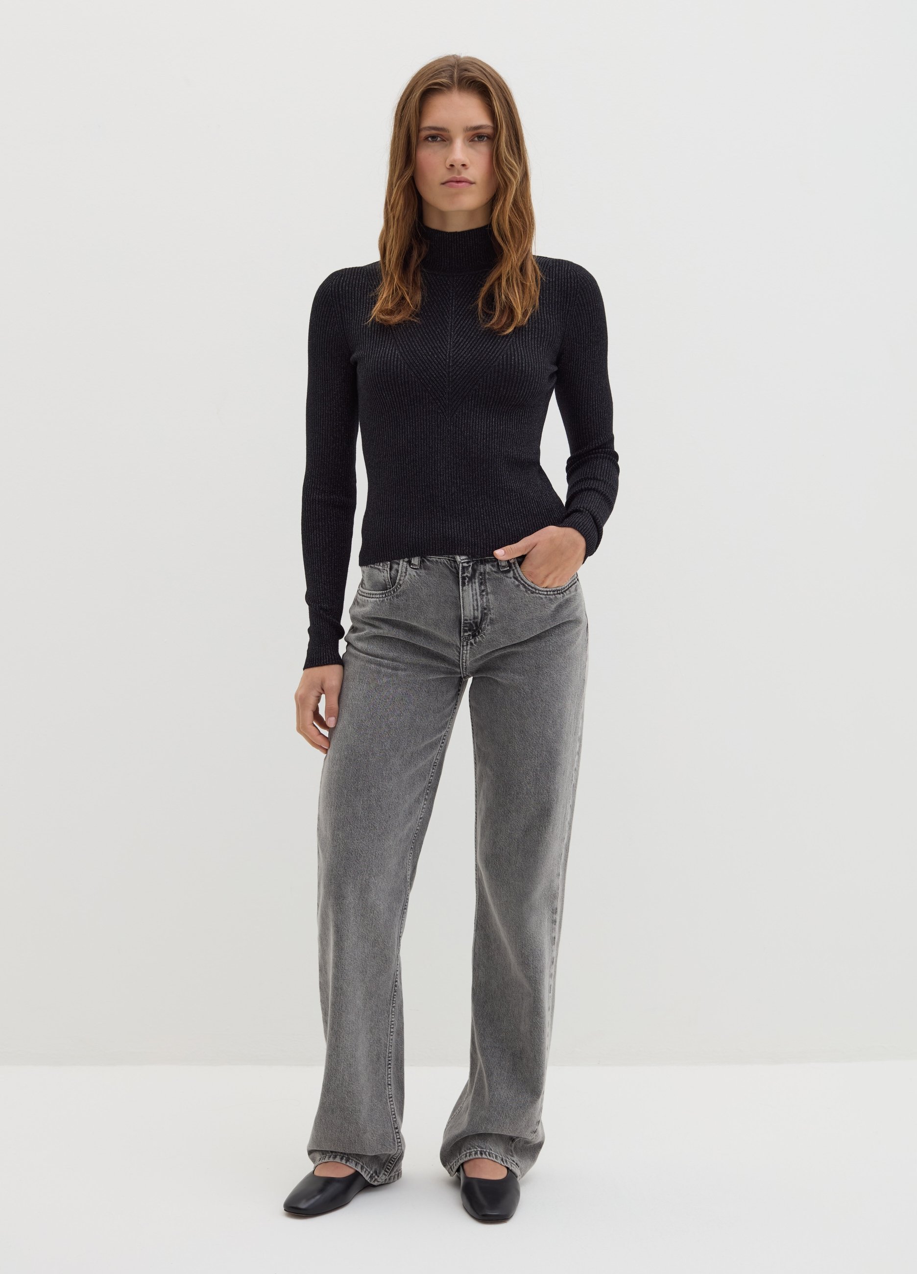 Stefanel - T-shirt in lurex a costine con collo alto, Donna, Nero, Taglia S