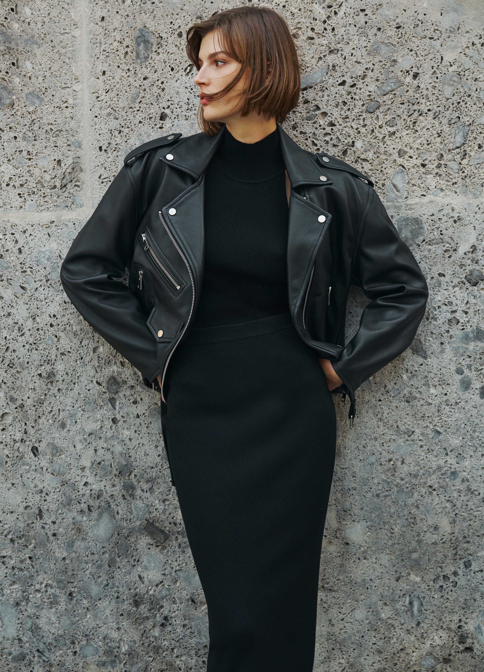 Stefanel - Giacca biker in pelle con zip, Donna, Nero, Taglia M