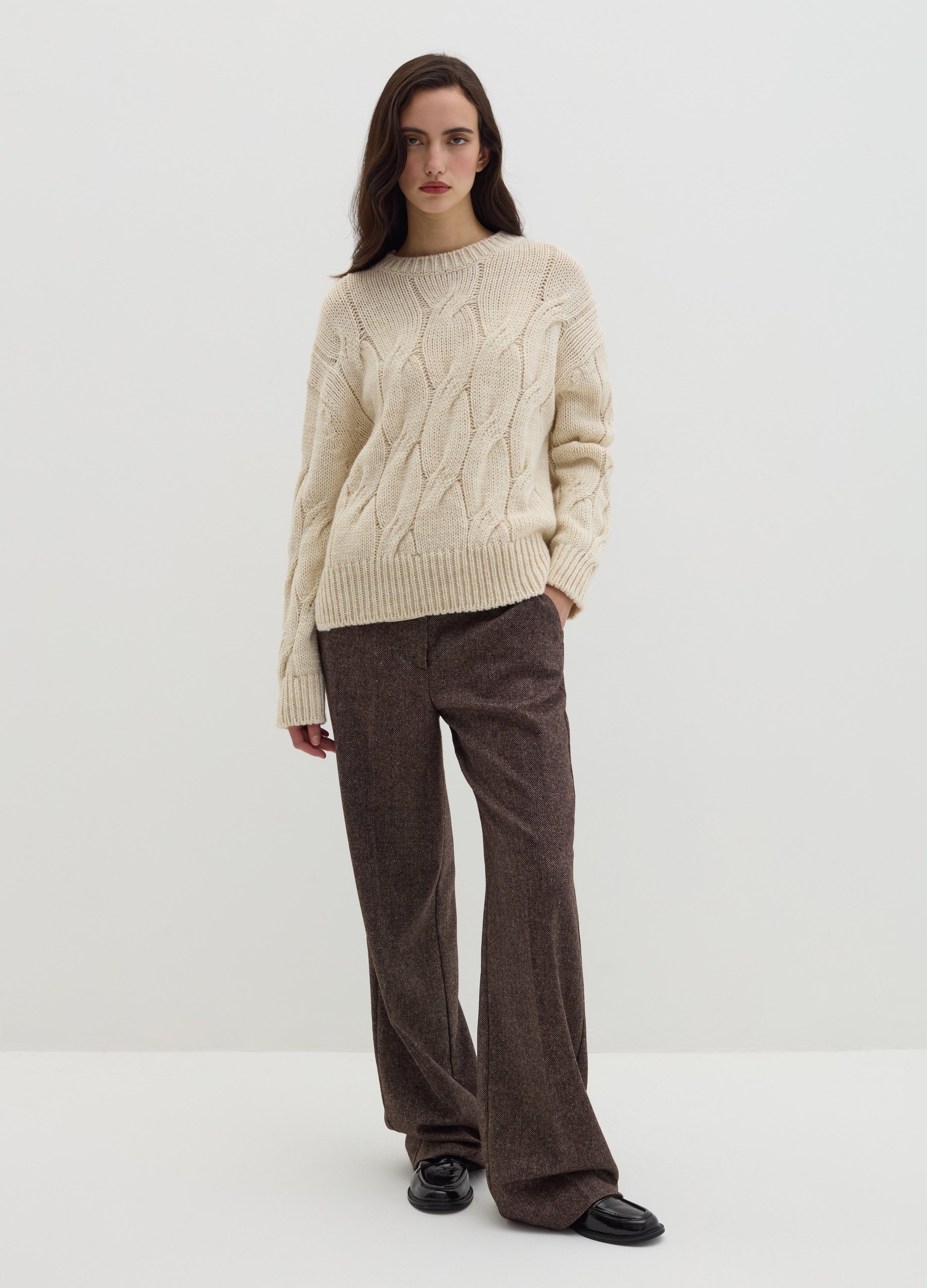 Stefanel - Pullover oversize con lavorazione a treccia, Donna, Beige chiaro, Taglia XS