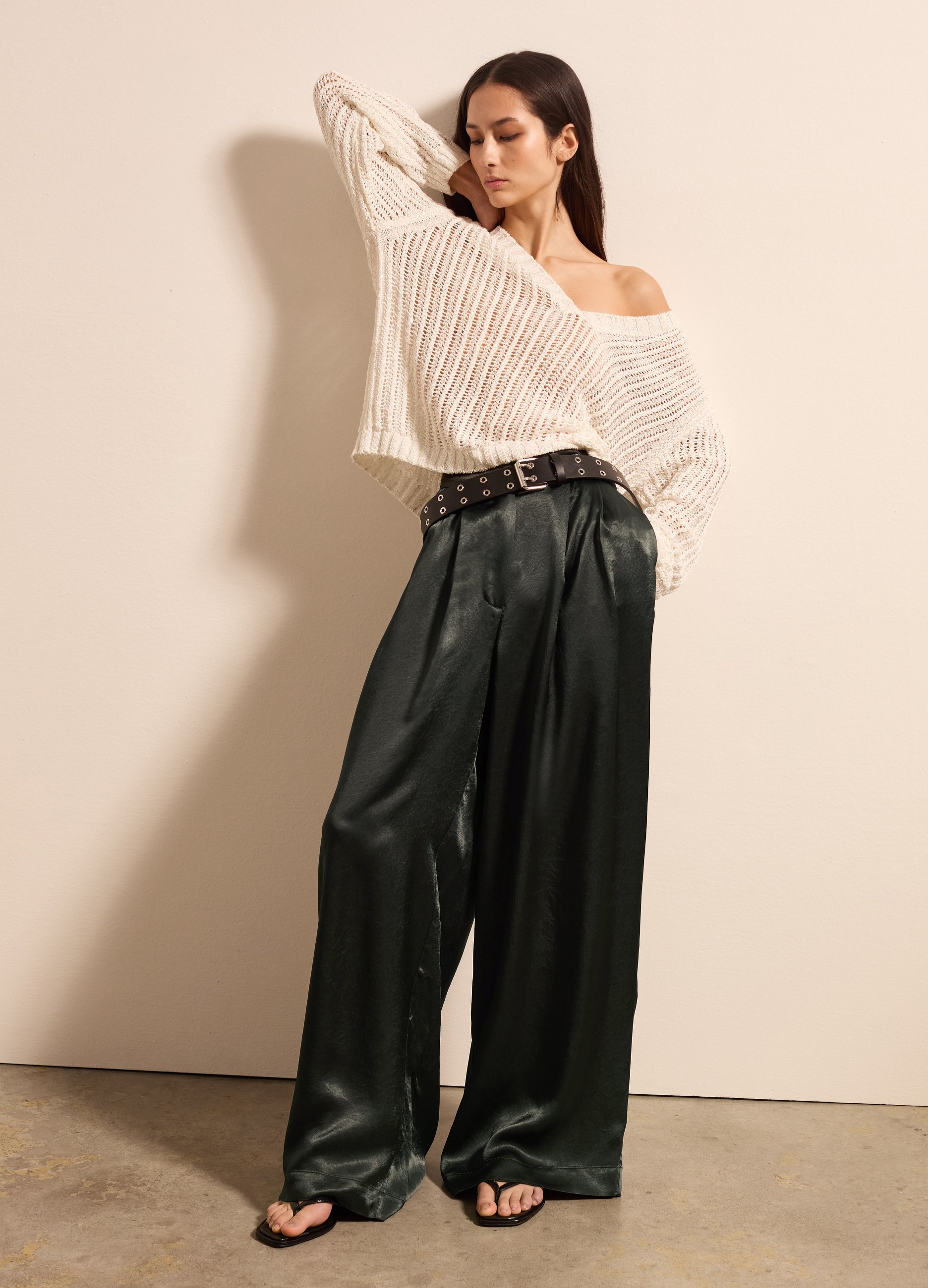 Stefanel - Pantalone a gamba larga in satin con pinces, Donna, Verde scuro, Taglia 44