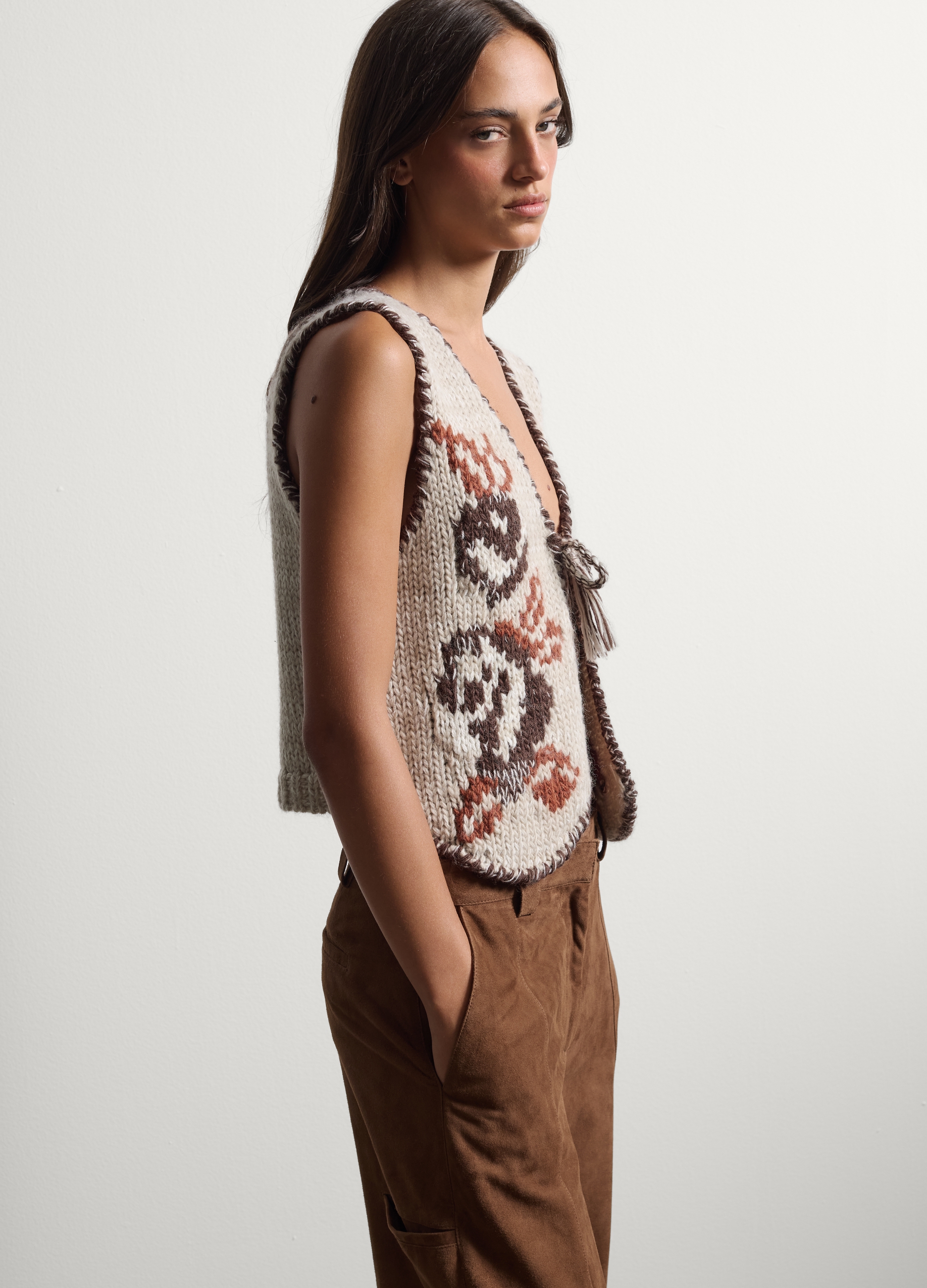 Stefanel - Tank top beige in misto lana con fantasia jacquard, Donna, Beige melange, Taglia XL