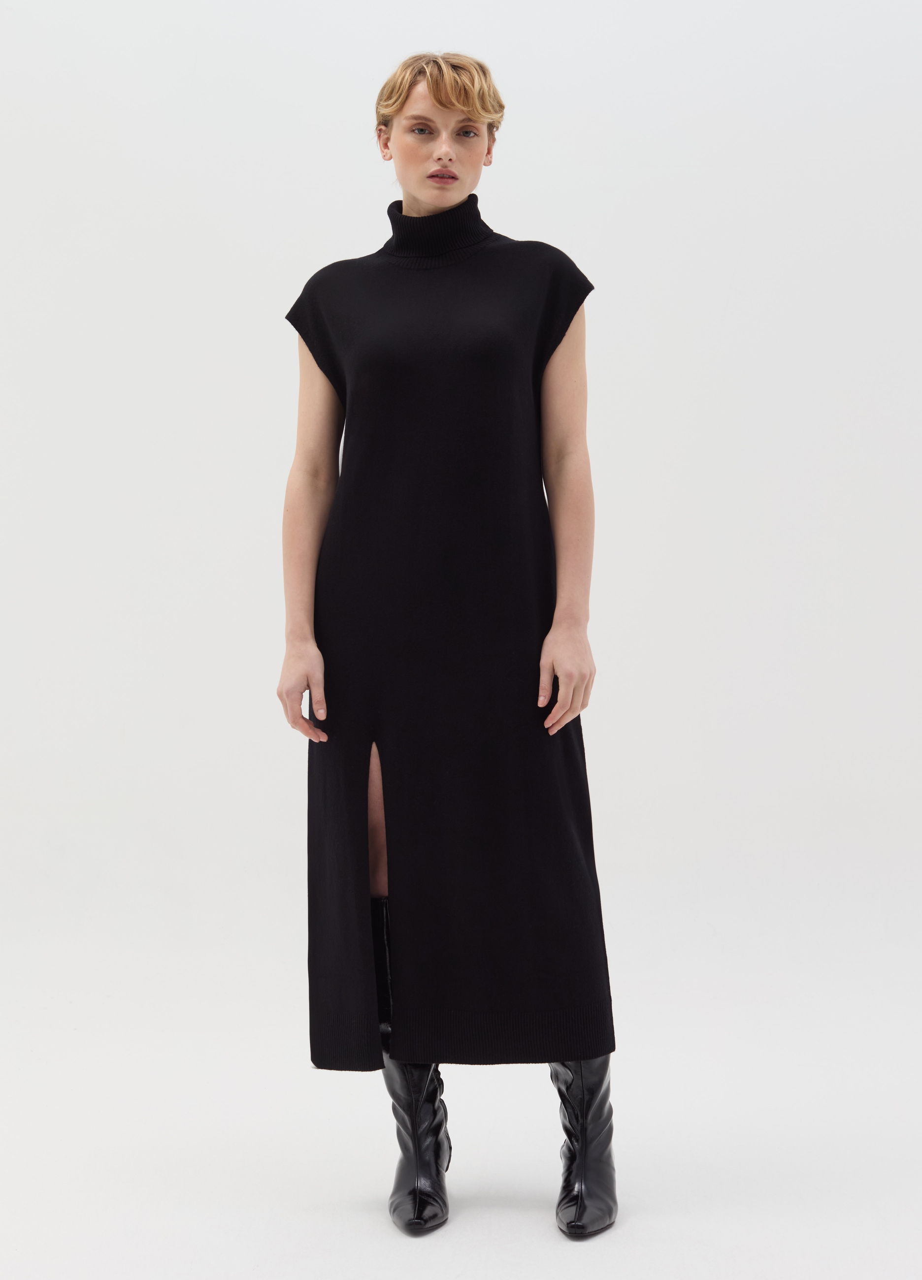 Stefanel - Vestito lungo tricot con spacco, Donna, Nero, Taglia XS