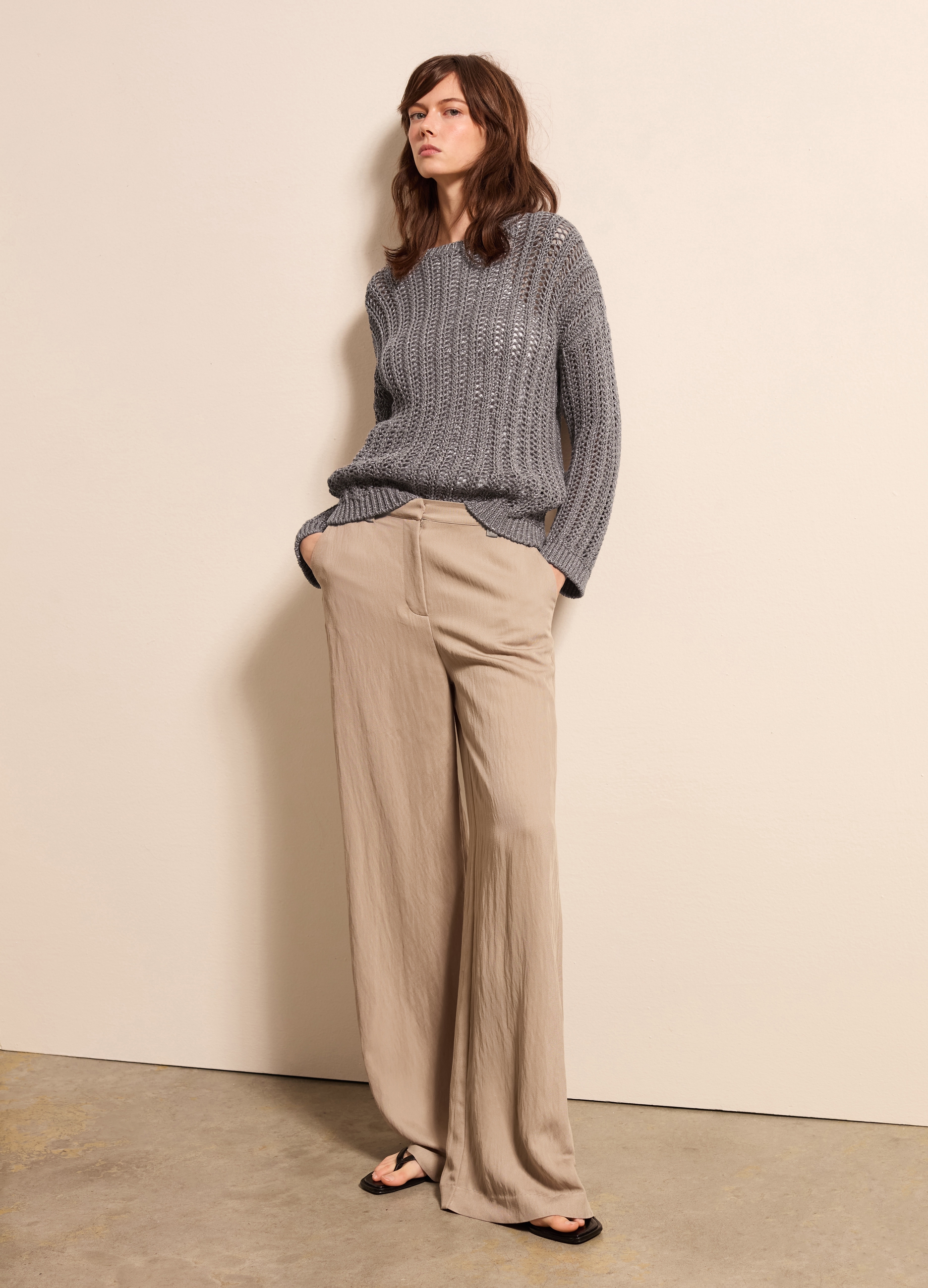 Stefanel - Pullover traforato con lurex, Donna, Grigio pietra, Taglia XS